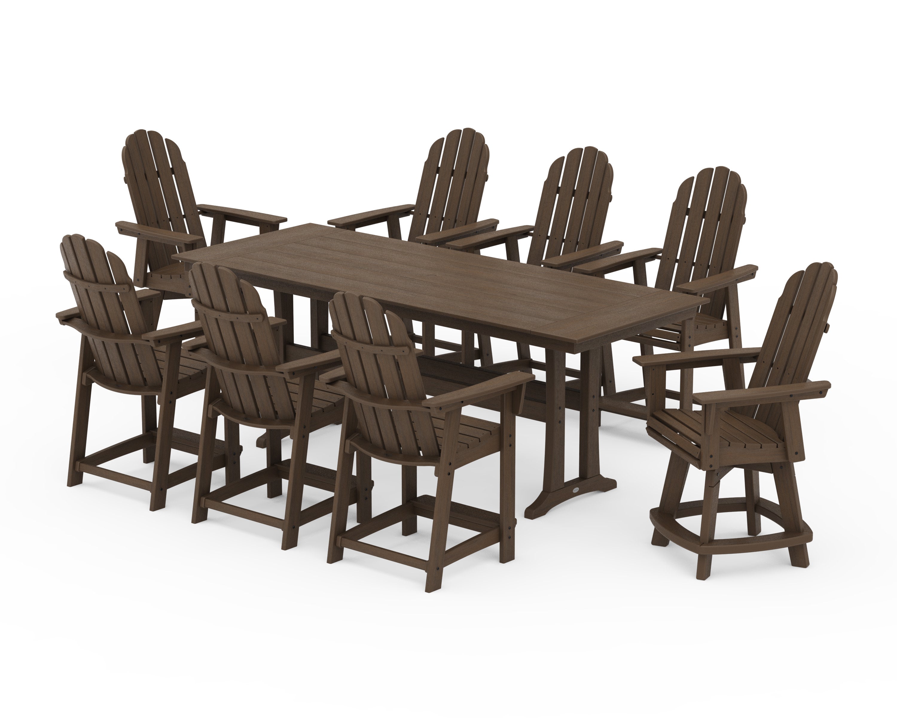 Vineyard Curveback Adirondack Swivel 9-Piece Farmhouse Counter Set with Trestle Legs in Kona