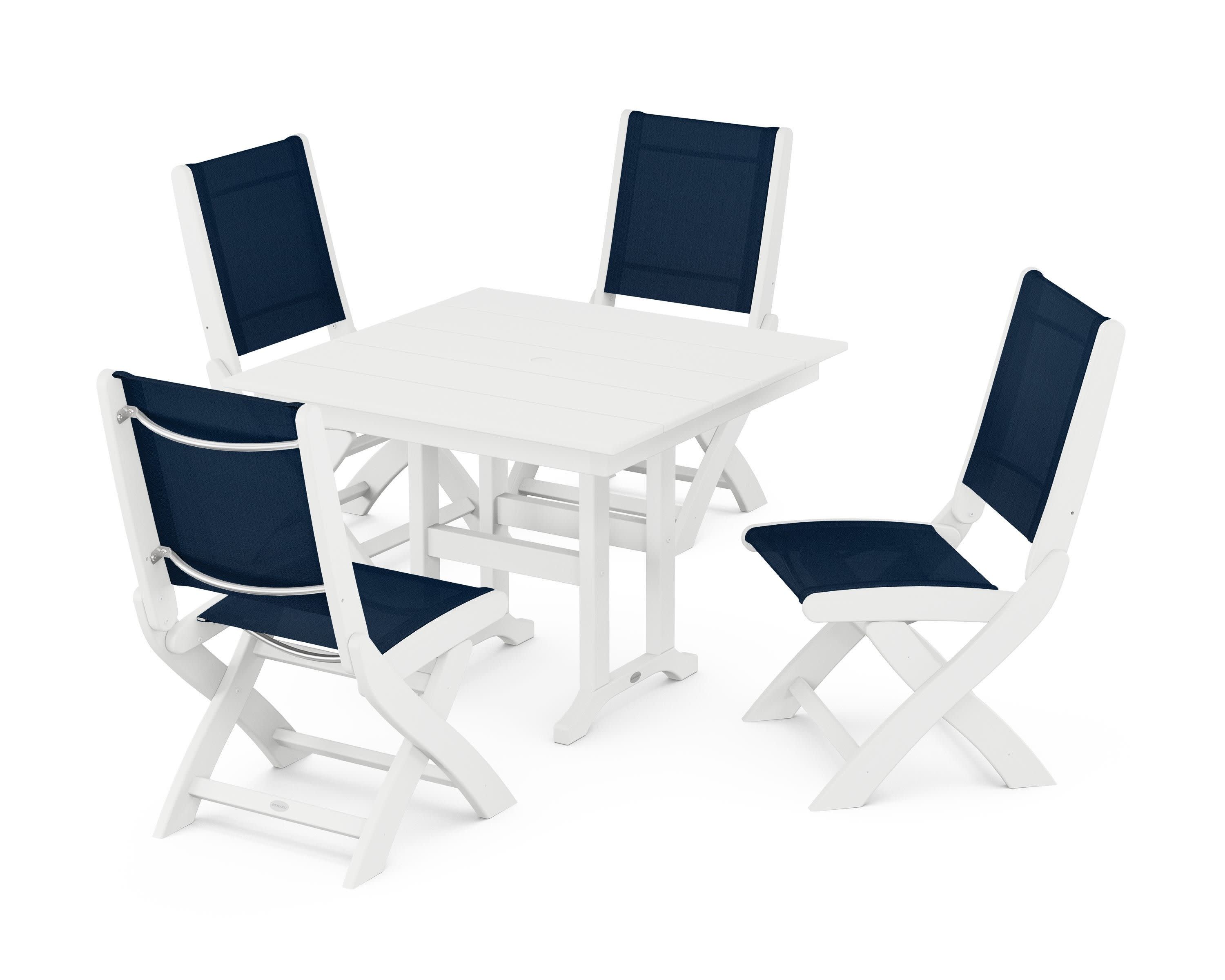 Coastal Folding Side Chair 5-Piece Farmhouse Dining Set in White / Navy Blue Sling