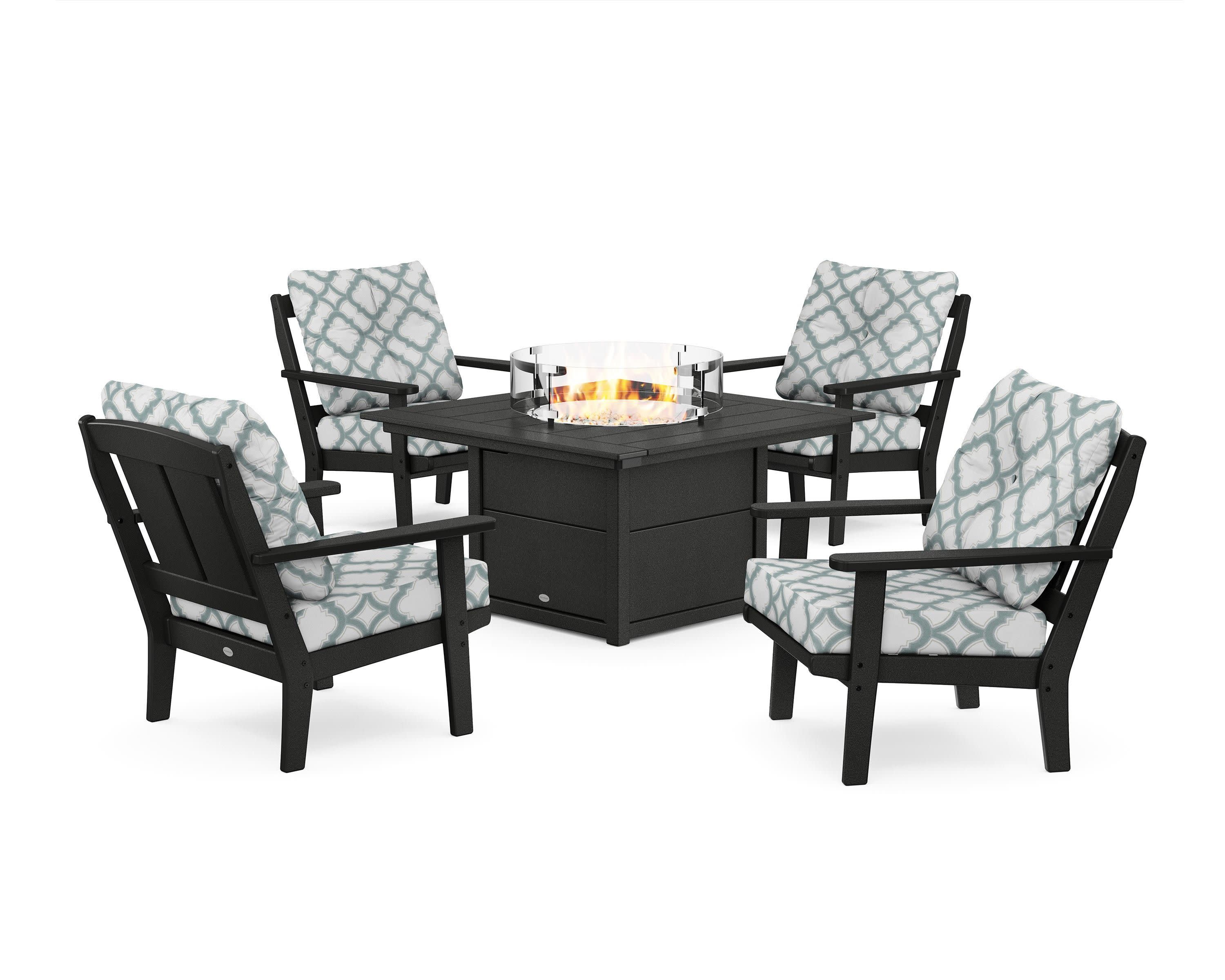 Mission 5-Piece Deep Seating Set with Fire Pit Table in Black / Trellis Glacier Spa