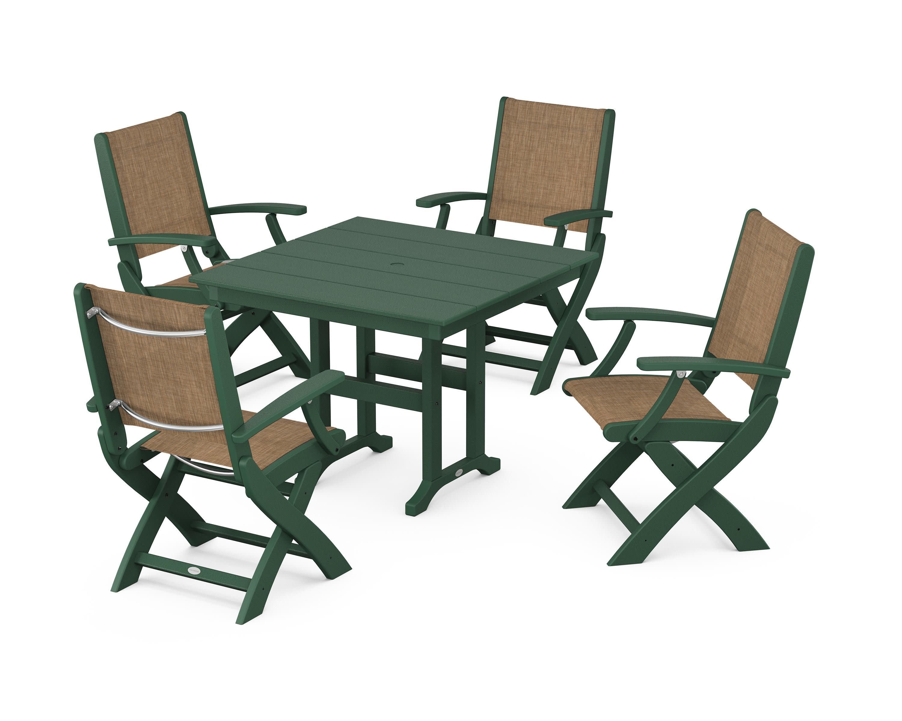 Coastal Folding Chair 5-Piece Farmhouse Dining Set in Green / Burlap Sling