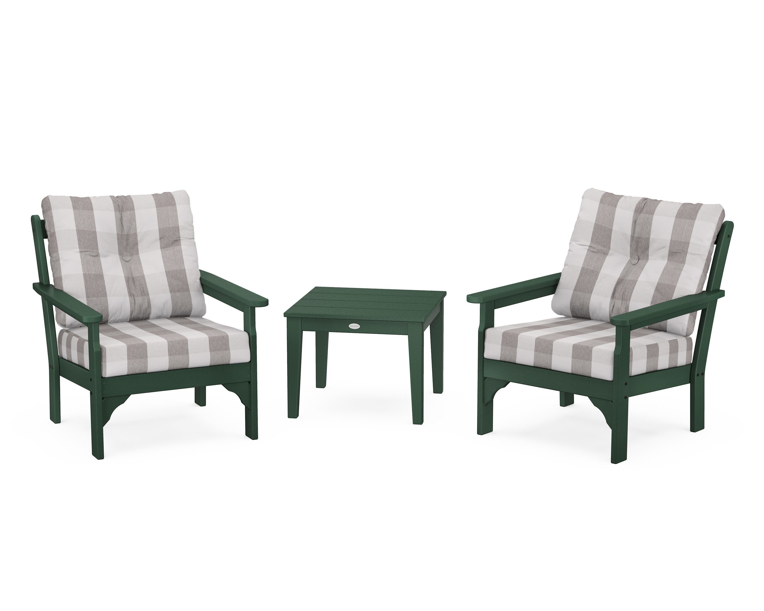 Vineyard 3-Piece Deep Seating Set in Green / Buffalo Plaid Grey Mist