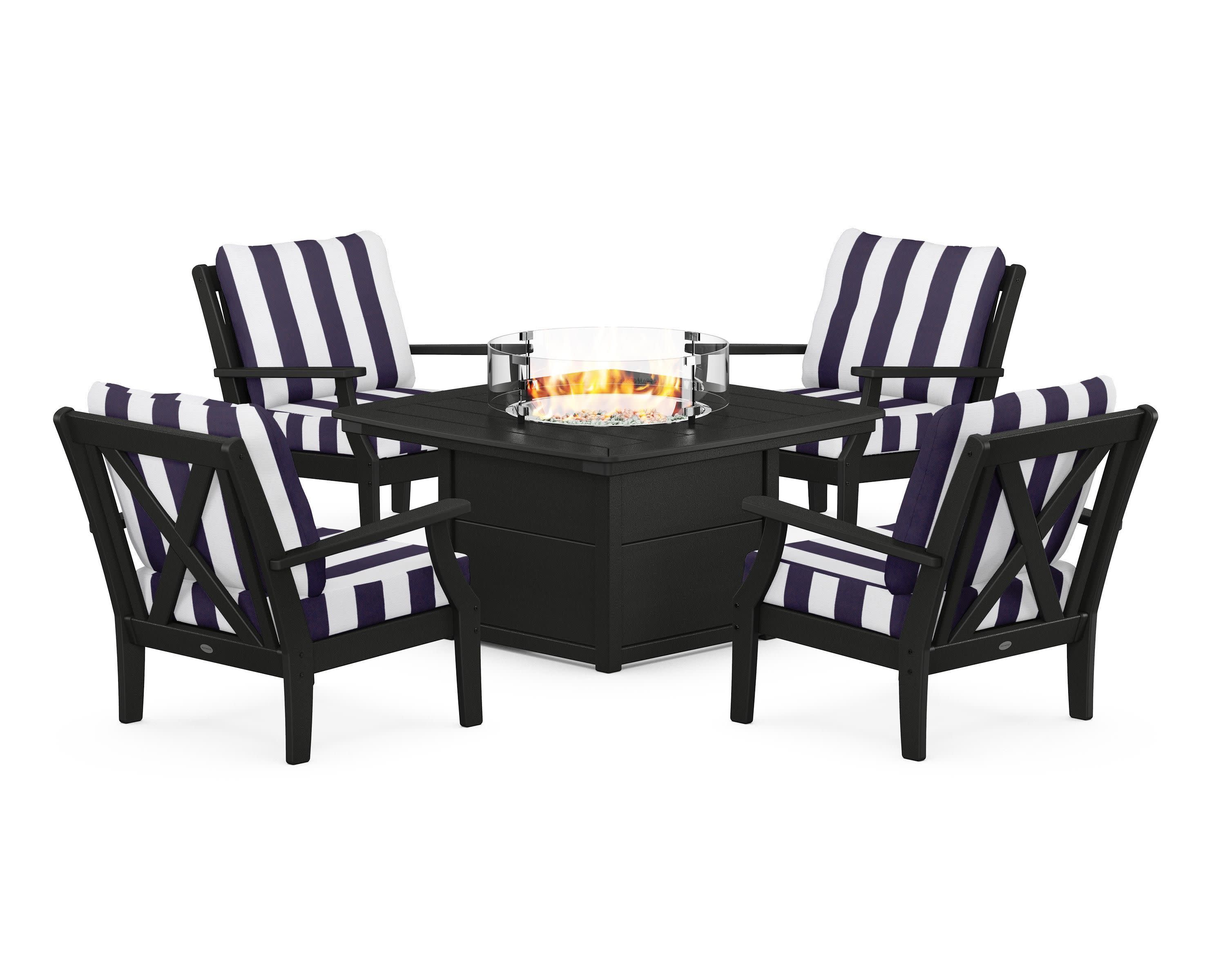 Braxton 5-Piece Deep Seating Conversation Set with Fire Pit Table in Black / Cabana Stripe Navy