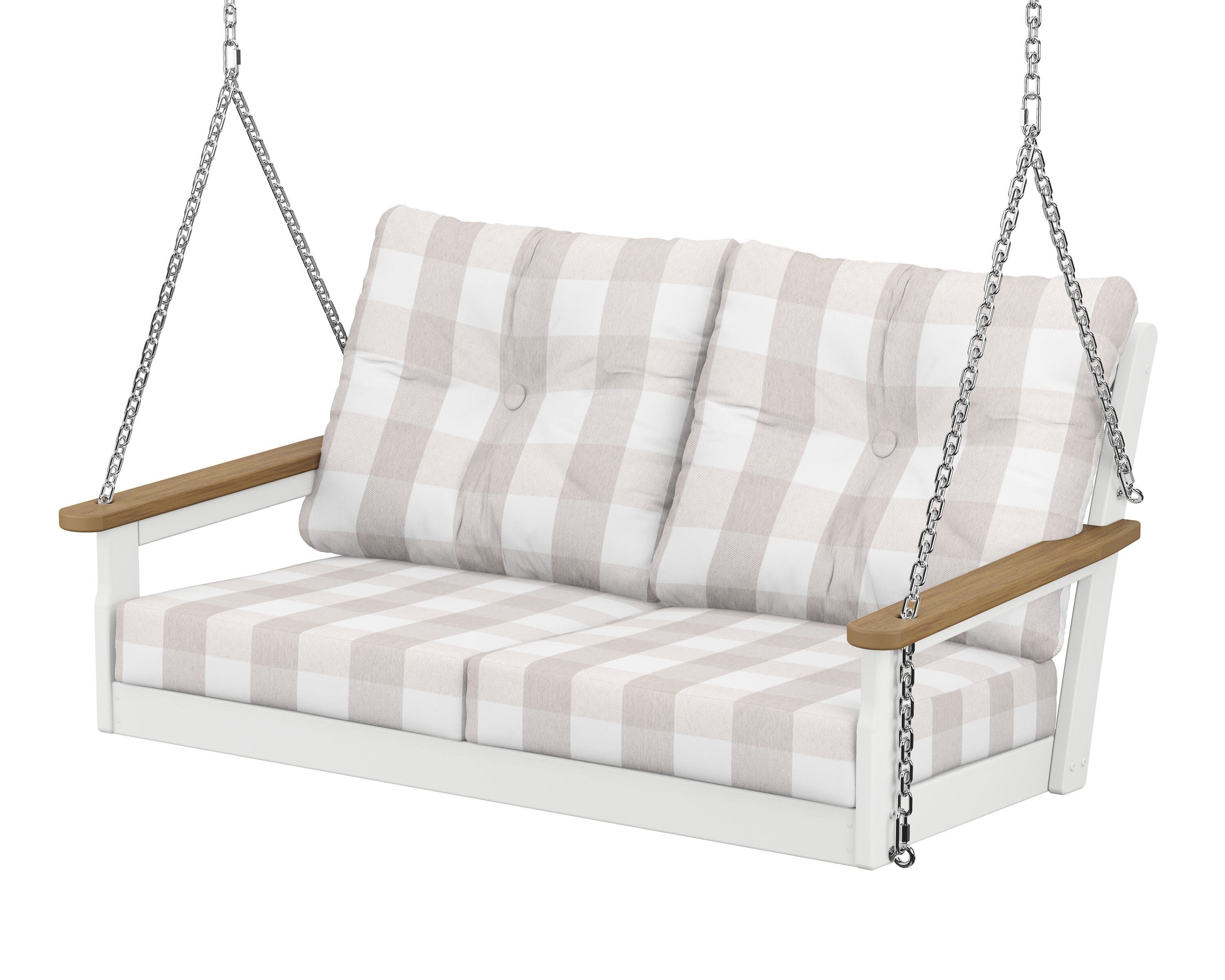 Vineyard Deep Seating Swing in White / Natural / Buffalo Plaid Dune Burlap