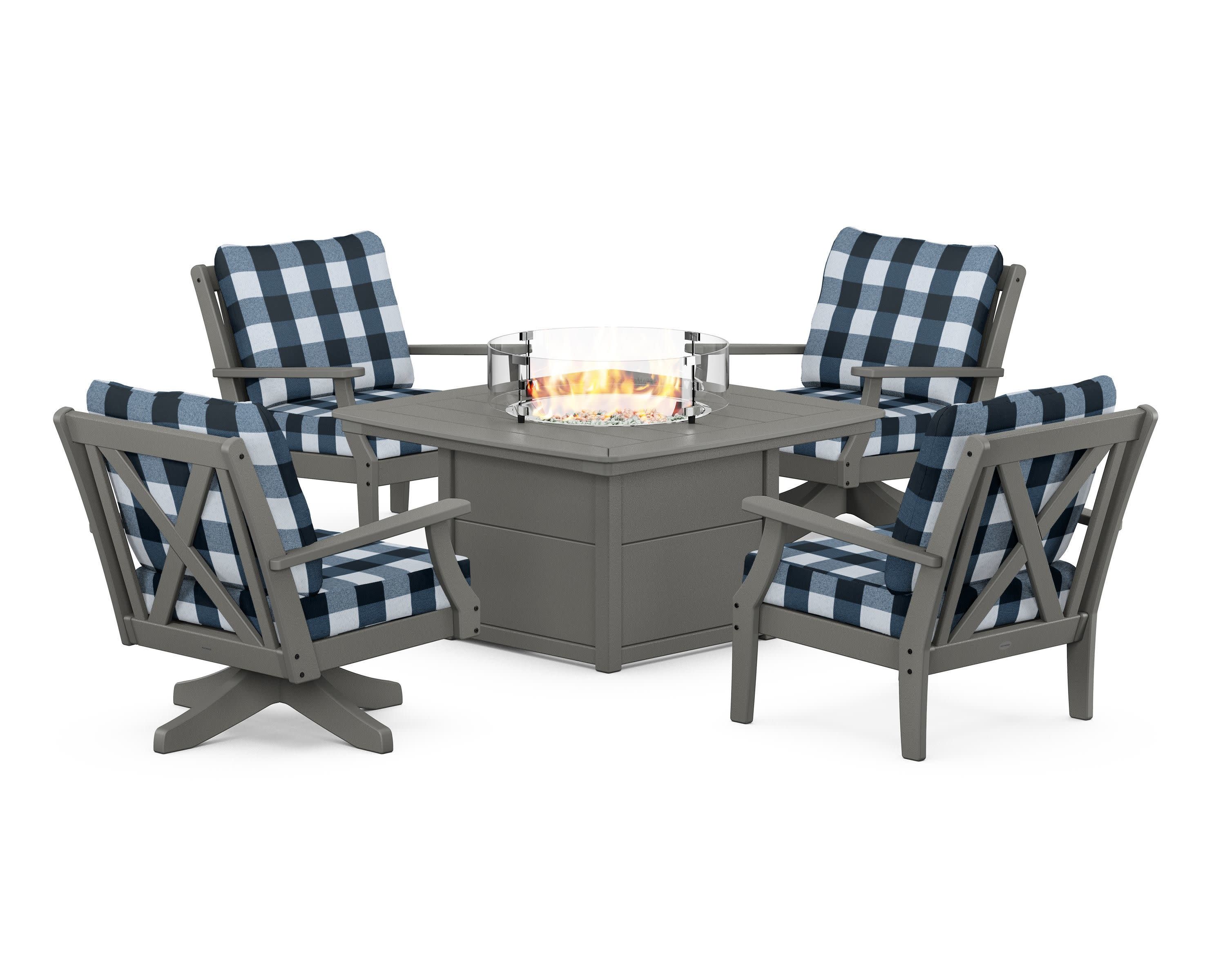 Braxton 5-Piece Deep Seating Set with Fire Table in Slate Grey / Buffalo Plaid Marine Indigo
