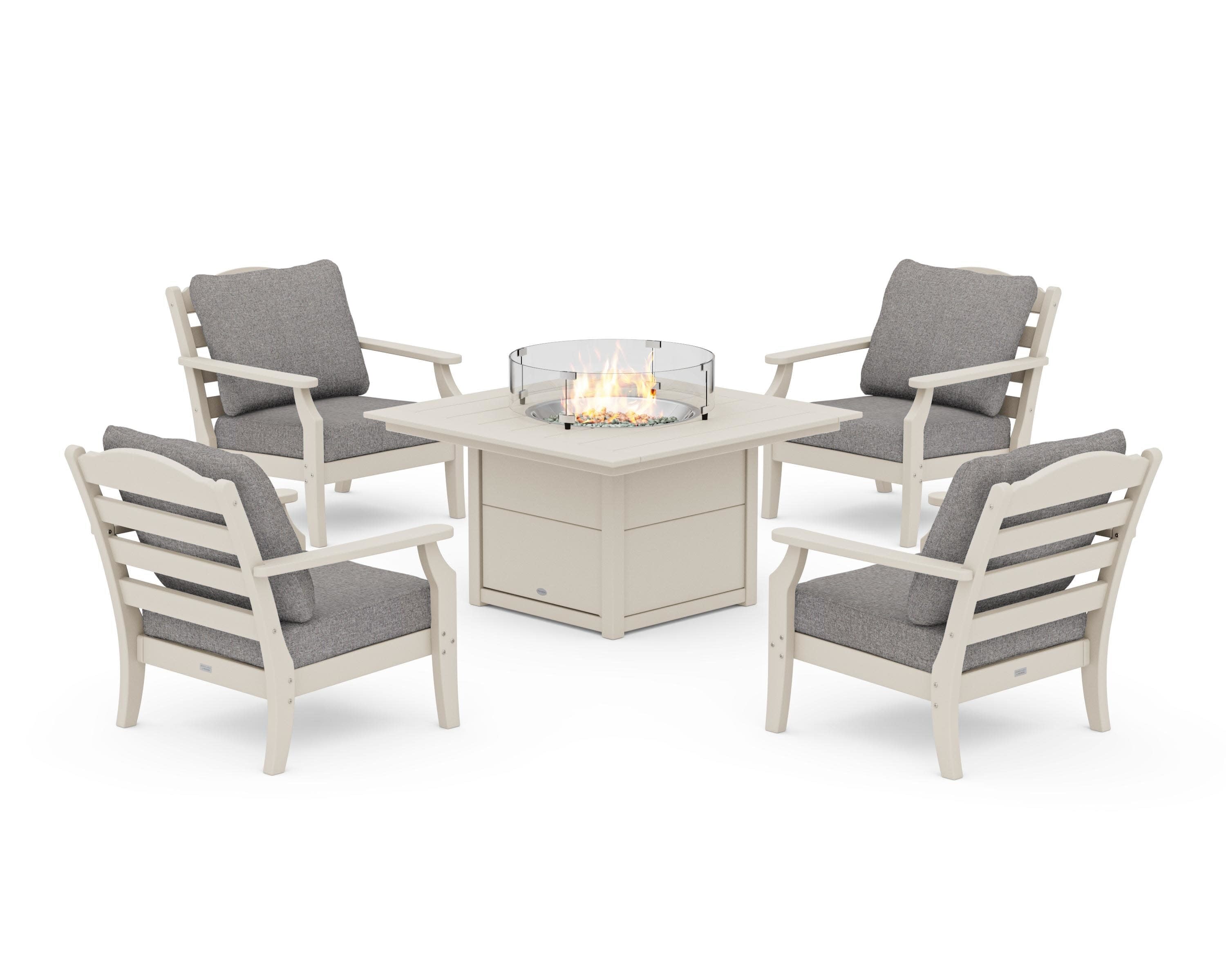 Savannah 5-Piece Deep Seating Set with Fire Pit Table in Sand / Grey Mist