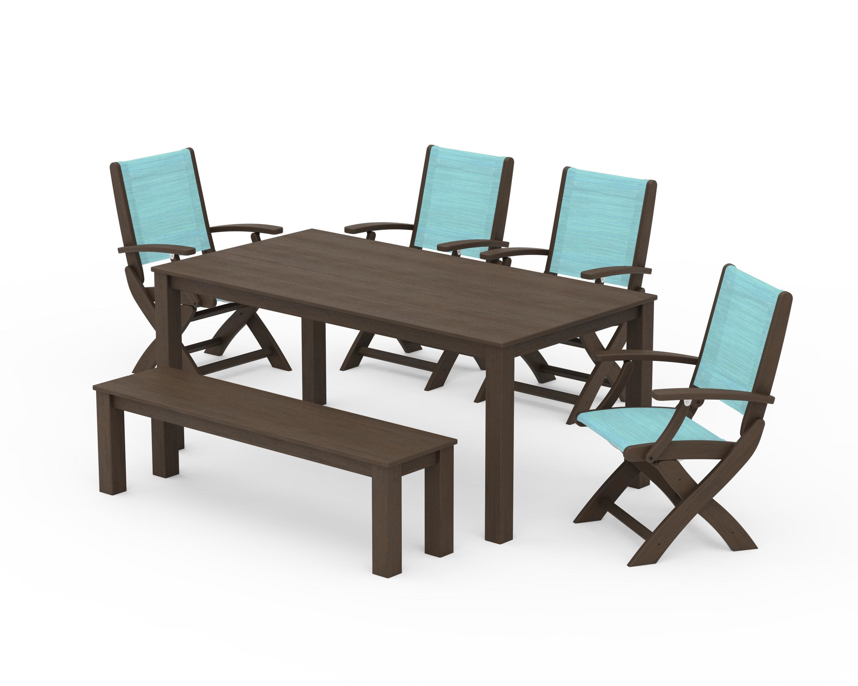 Coastal Folding Chair 6-Piece Parsons Dining Set with Bench in Kona / Dupioni Aquamarine Sling