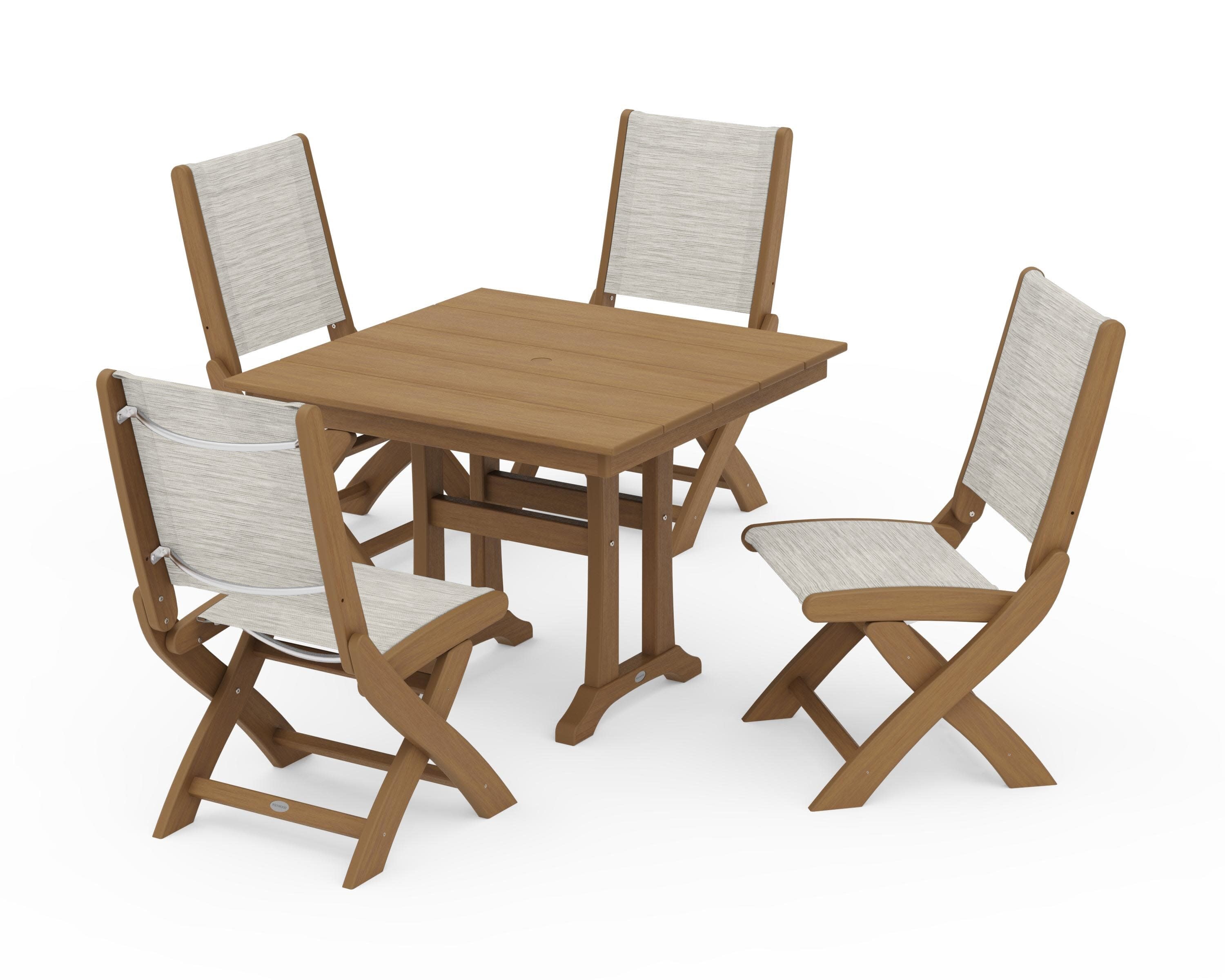 Coastal Folding Side Chair 5-Piece Farmhouse Dining Set With Trestle Legs in Natural / Birch Sling
