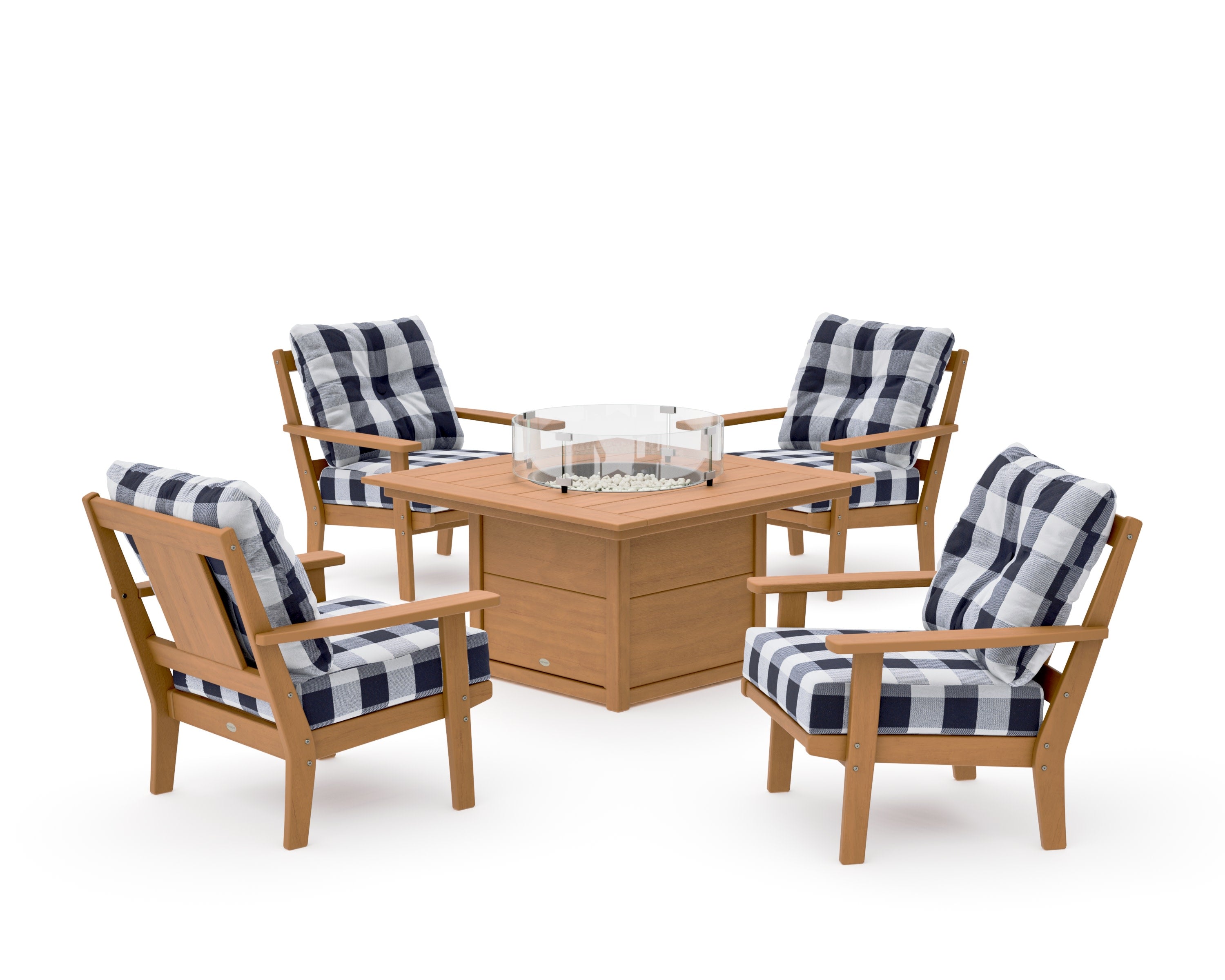 Prairie 5-Piece Deep Seating Set with Fire Pit Table in Natural / Buffalo Plaid Navy