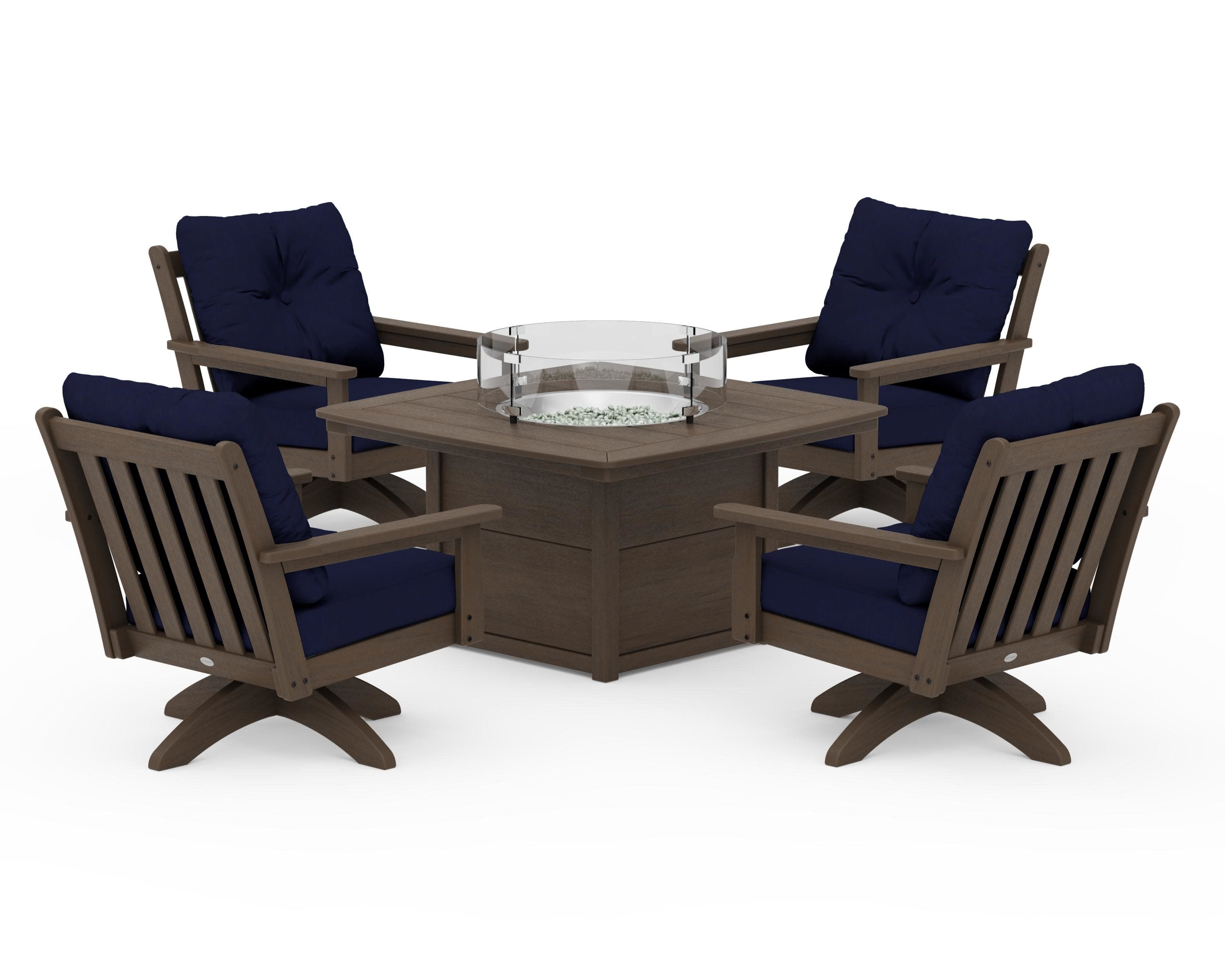 Vineyard 5-Piece Deep Seating Swivel Conversation Set with Fire Pit Table in Kona / Navy
