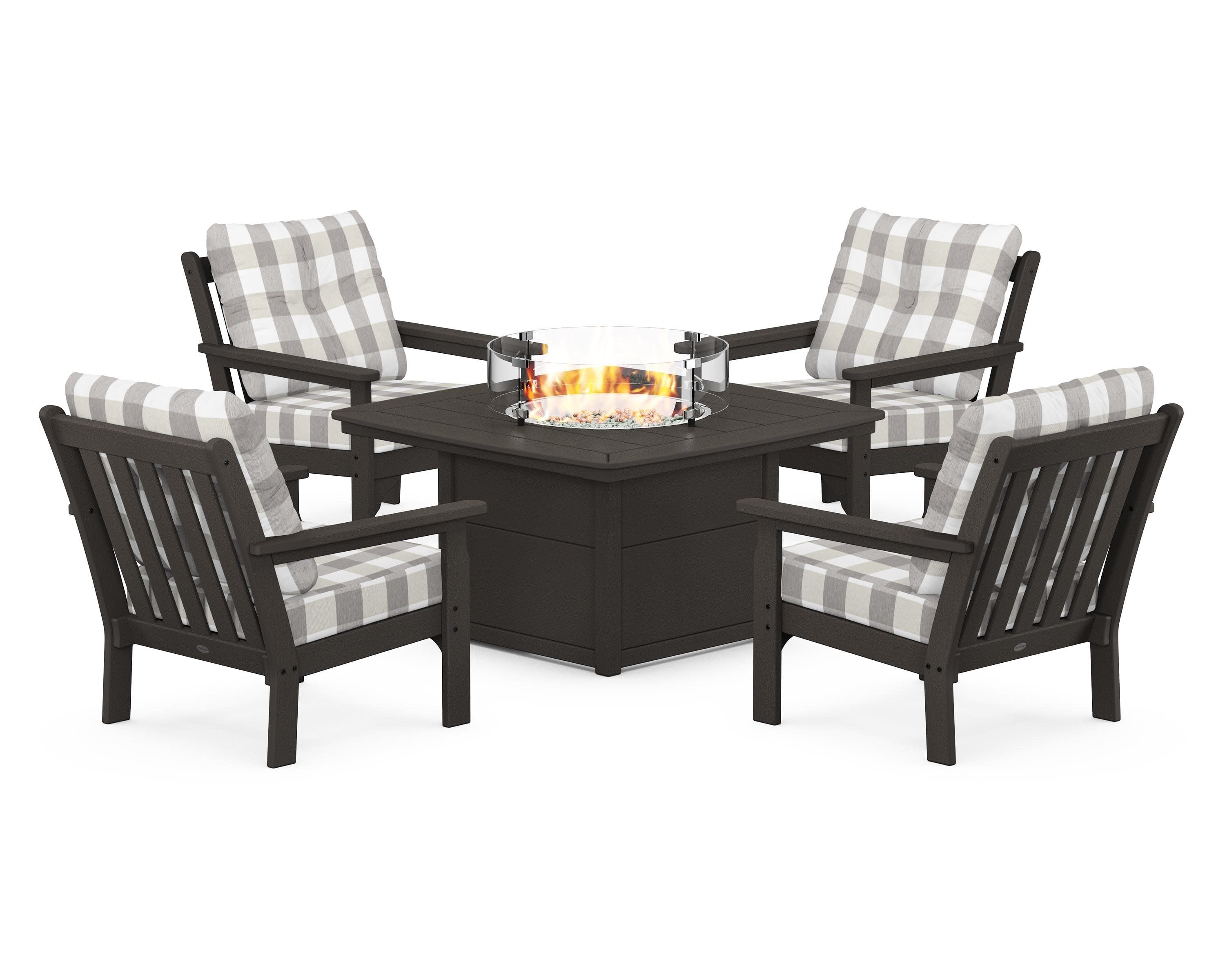 Vineyard 5-Piece Conversation Set with Fire Pit Table in Vintage Coffee / Buffalo Plaid Grey Mist