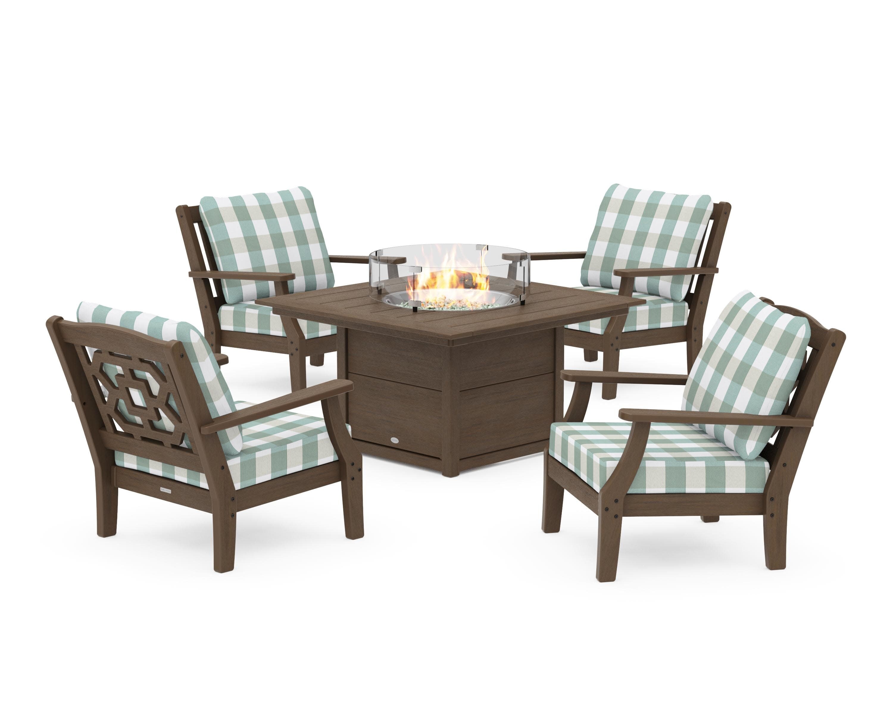 Chinoiserie 5-Piece Deep Seating Set with Fire Pit Table in Kona / Buffalo Plaid Glacier Spa