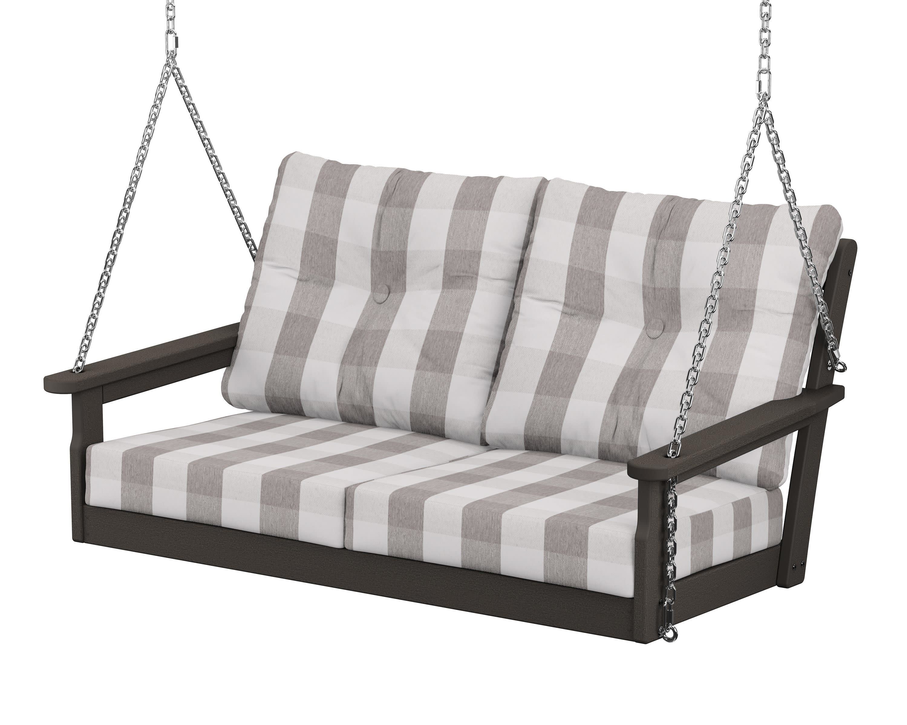 Vineyard Deep Seating Swing in Vintage Coffee / Buffalo Plaid Grey Mist