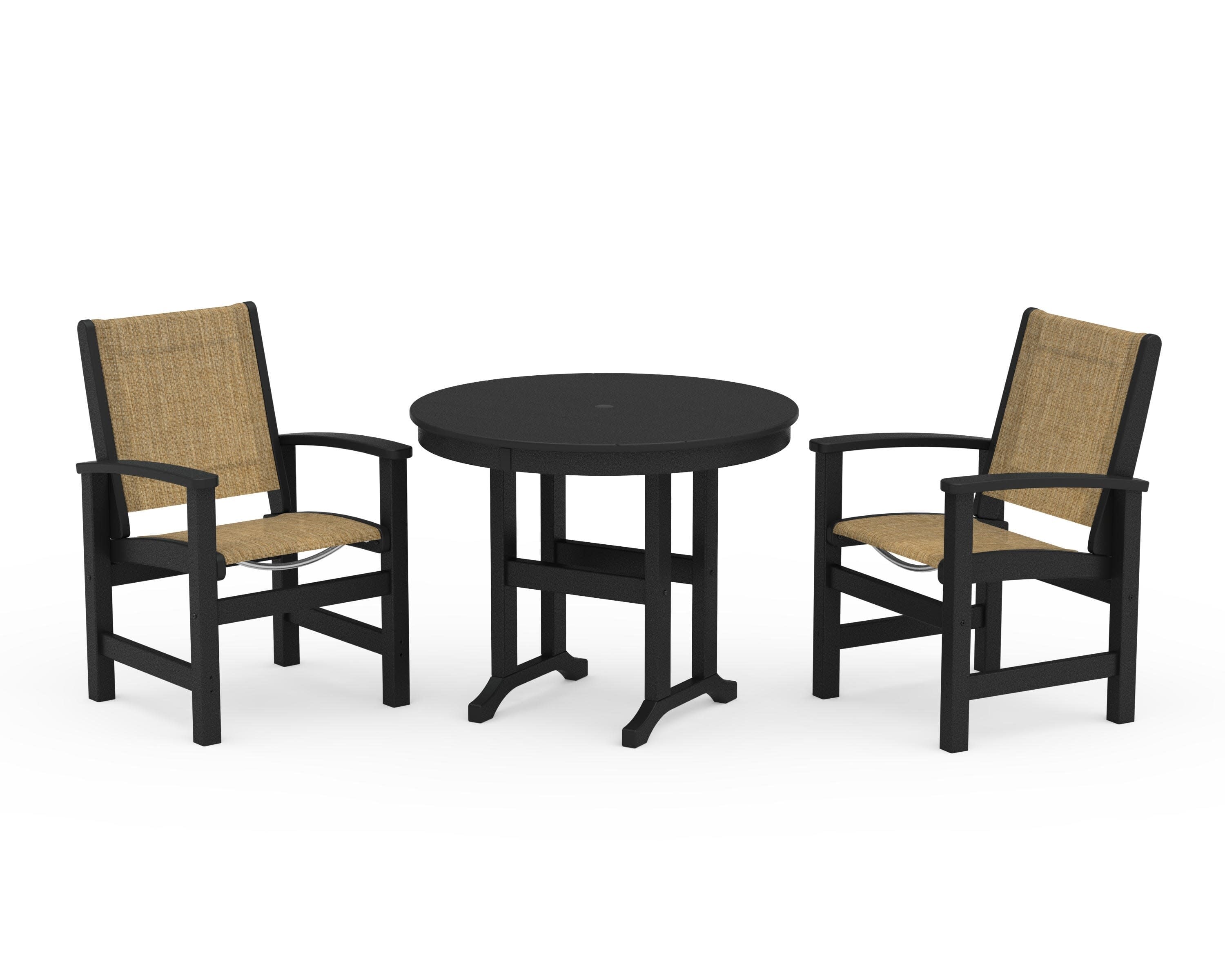 Coastal 3-Piece Round Dining Set in Black / Burlap Sling