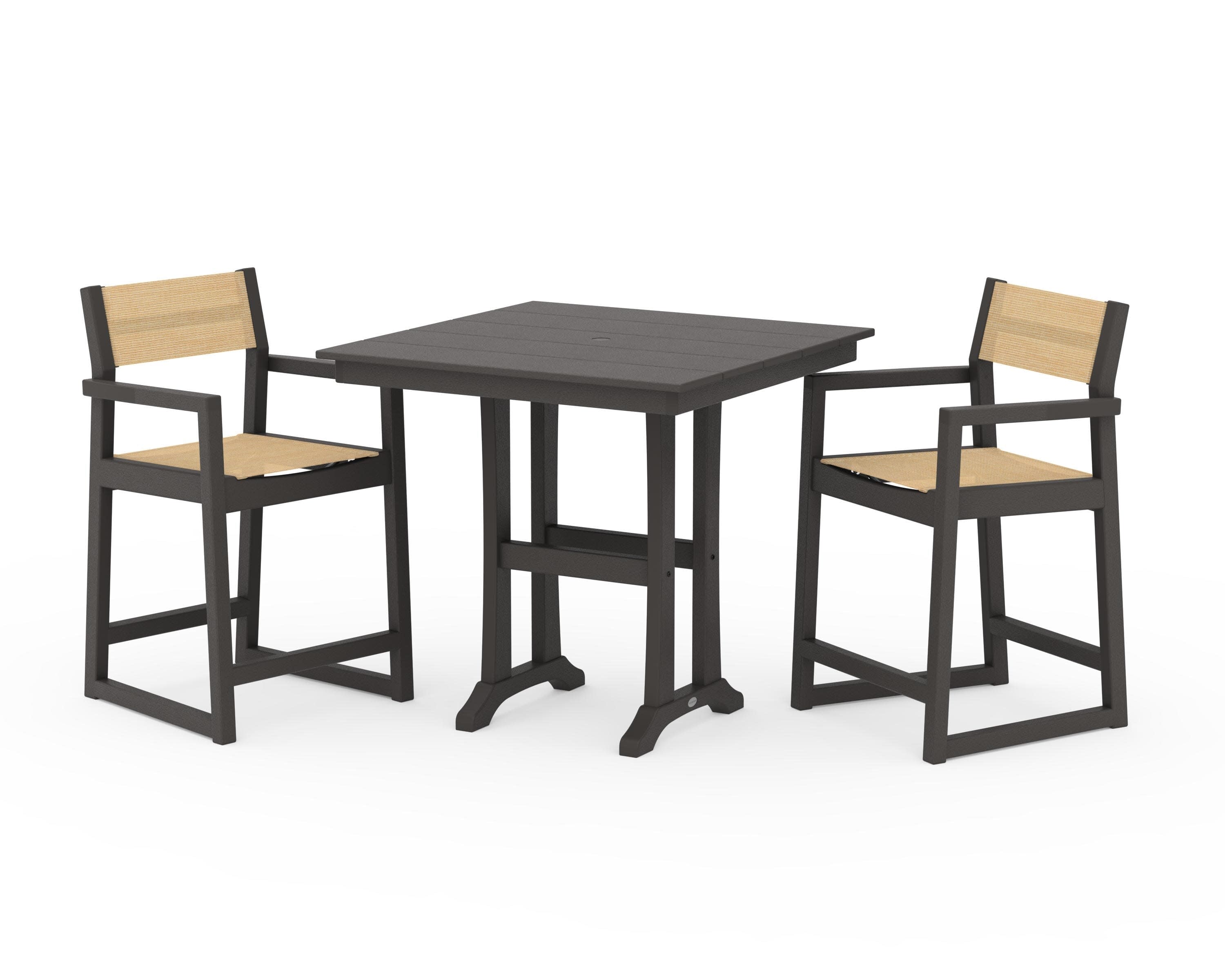 EDGE Sling Arm Chair 3-Piece Farmhouse Counter Set with Trestle Legs in Vintage Coffee / Dupioni Apricot Sling