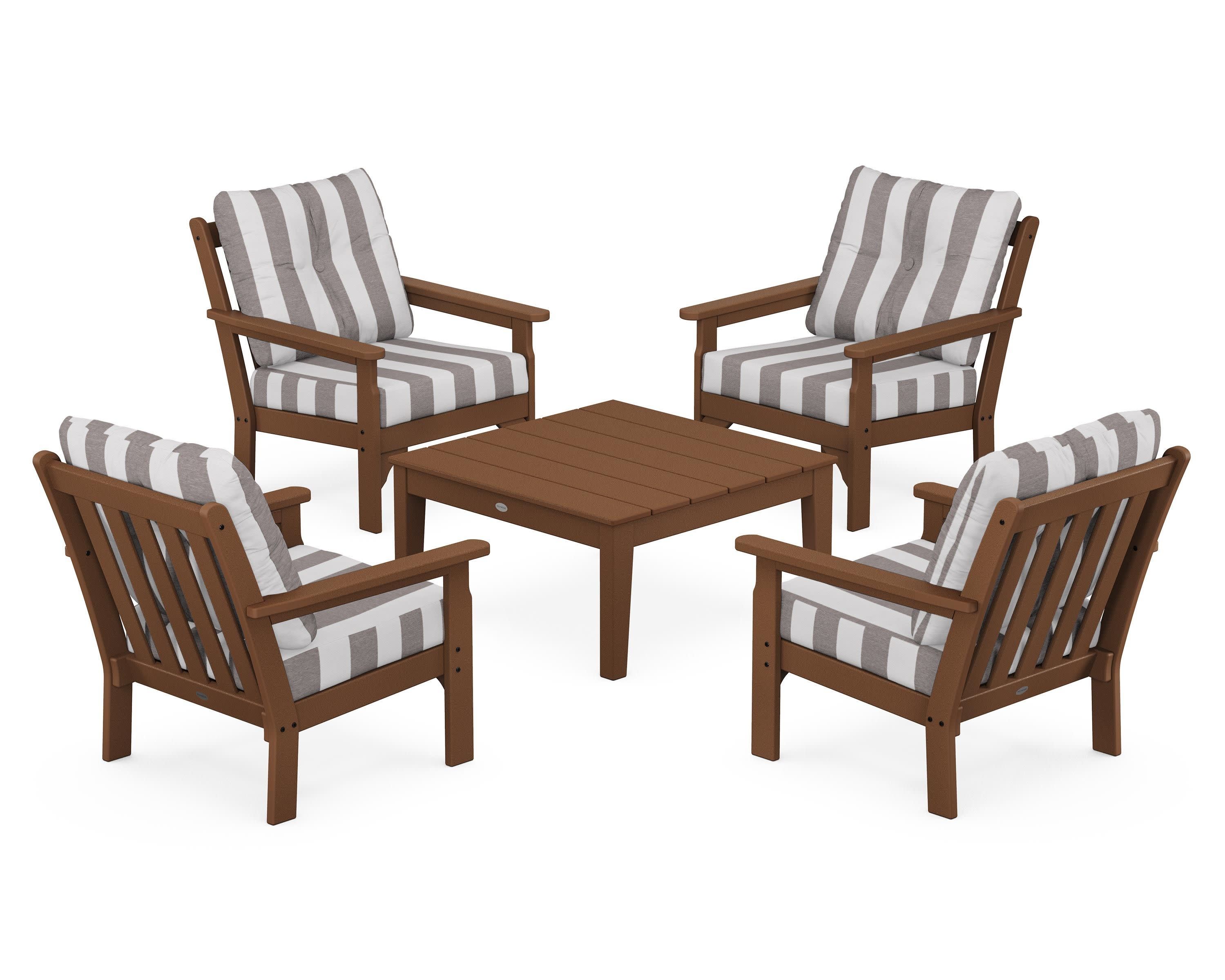 Vineyard 5-Piece Deep Seating Conversation Set in Teak / Cabana Stripe Grey Mist