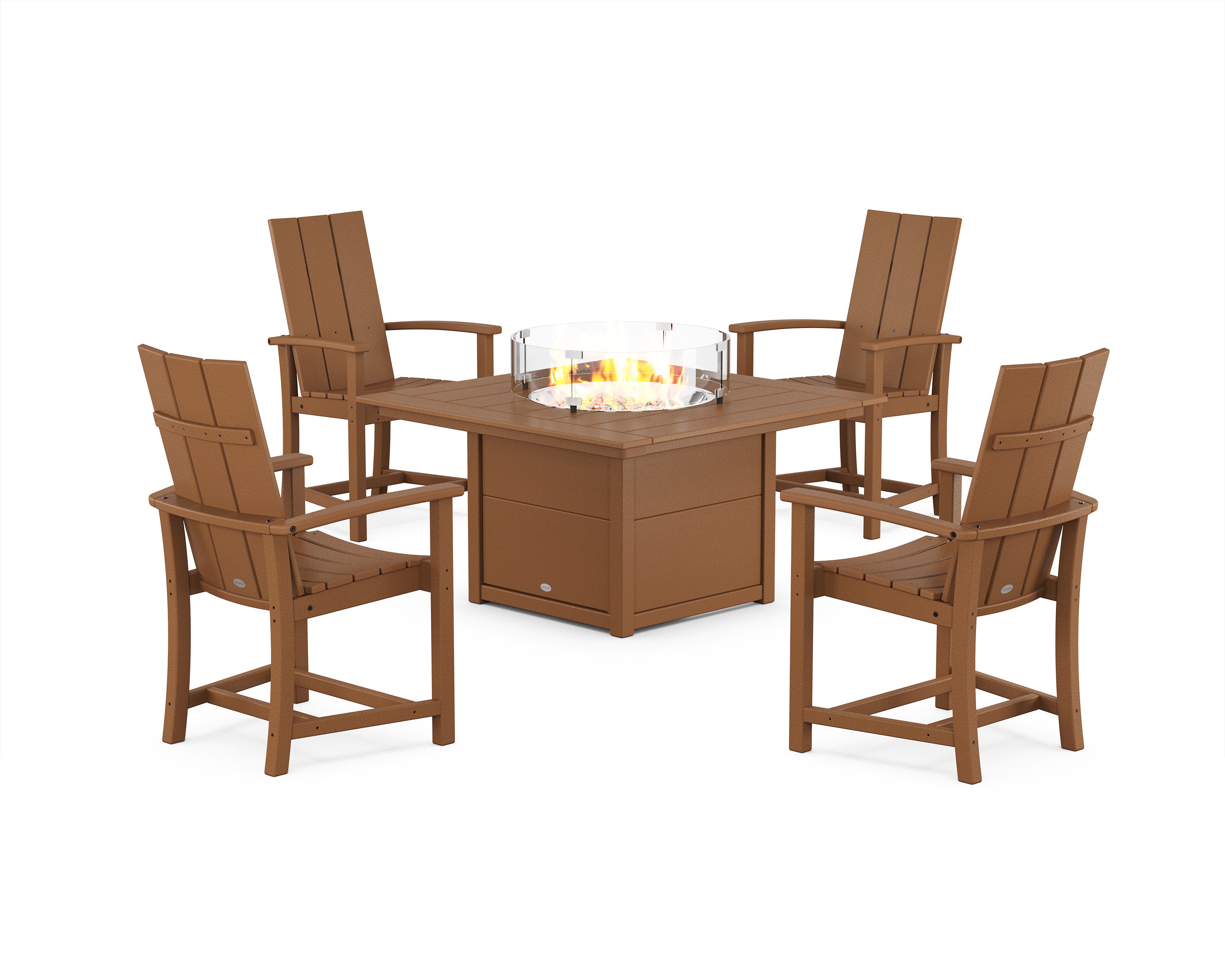 Modern 4-Piece Upright Adirondack Conversation Set with Fire Pit Table in Teak
