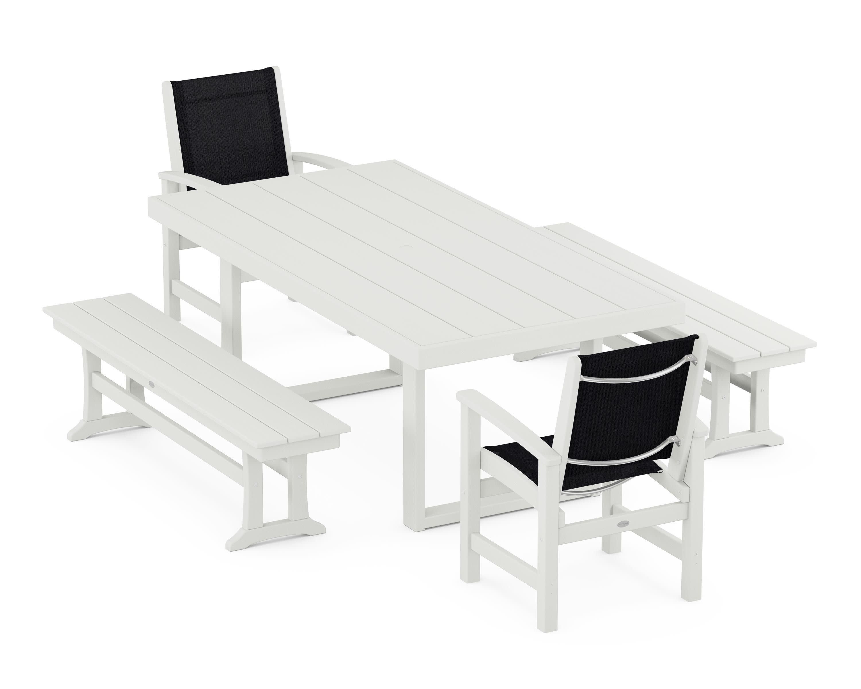 Coastal 5-Piece Dining Set with Trestle Legs in Vintage White / Black Sling