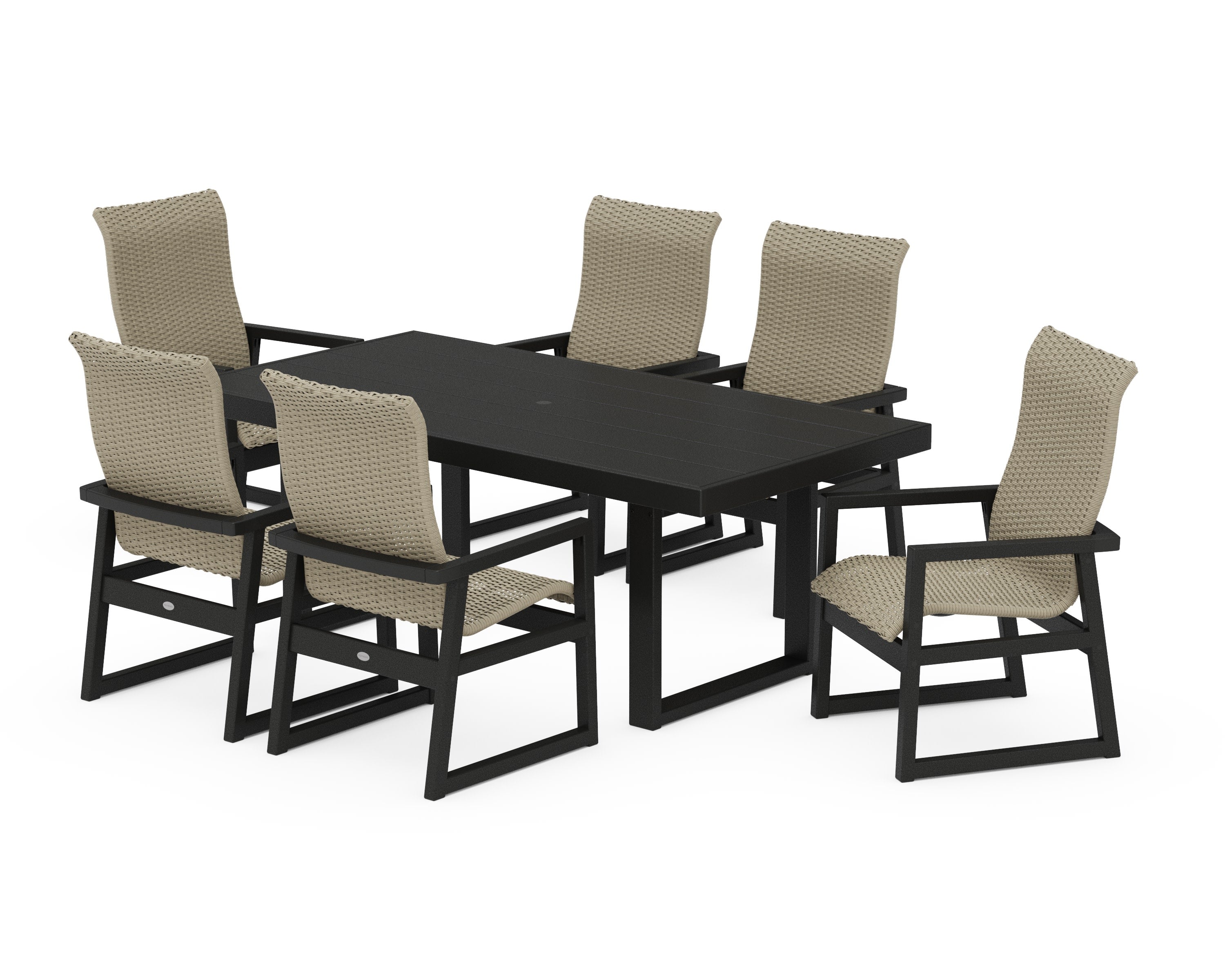 EDGE Woven Highback Arm Chair 7-Piece Dining Set in Black / Dune Grass