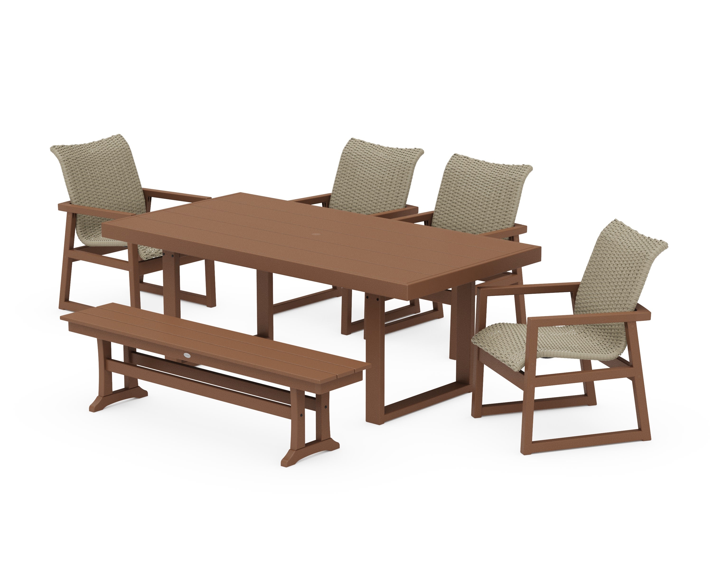 EDGE Woven 6-Piece Dining Set with Bench in Teak / Dune Grass