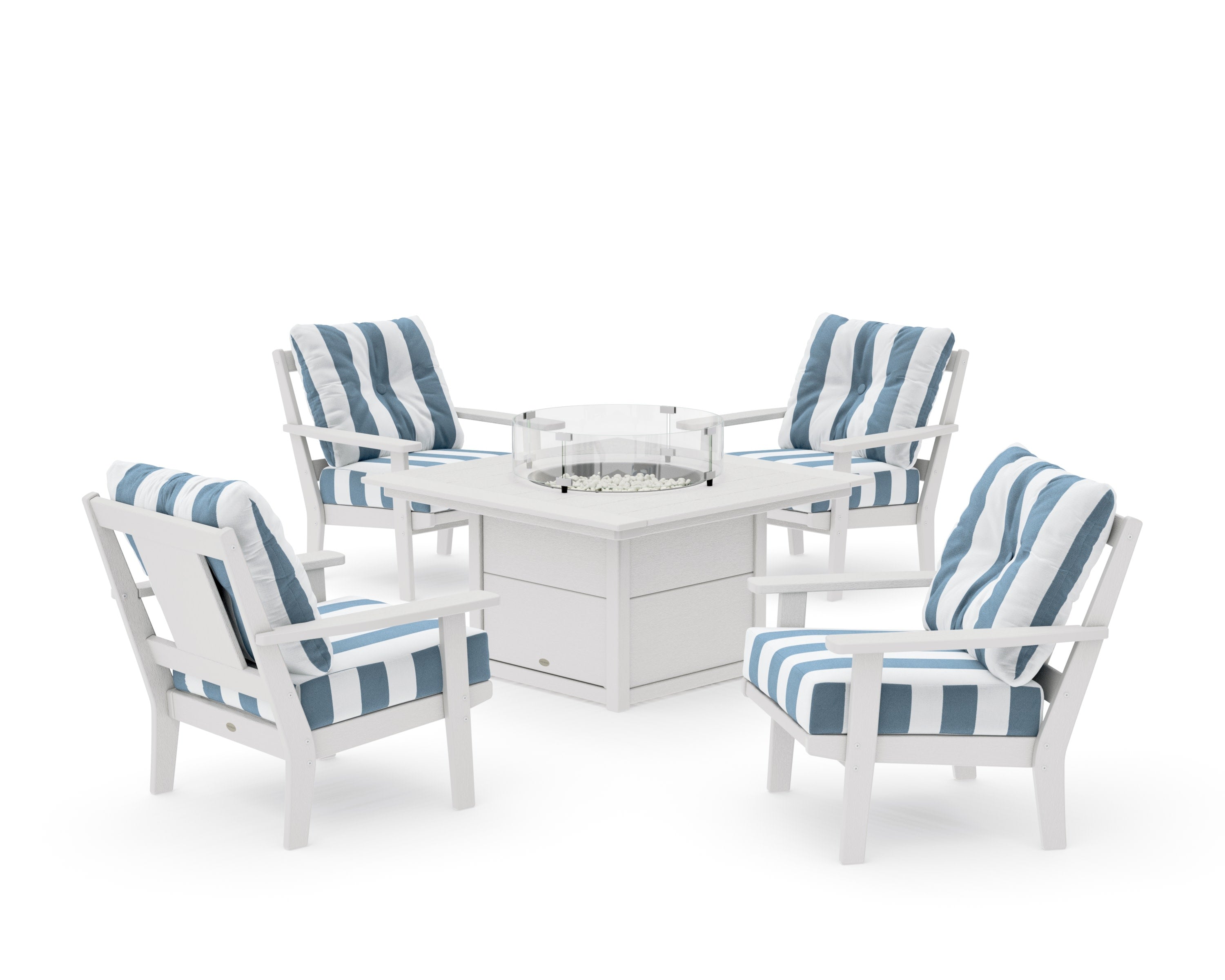 Prairie 5-Piece Deep Seating Set with Fire Pit Table in Vintage White / Cabana Stripe Sky Blue