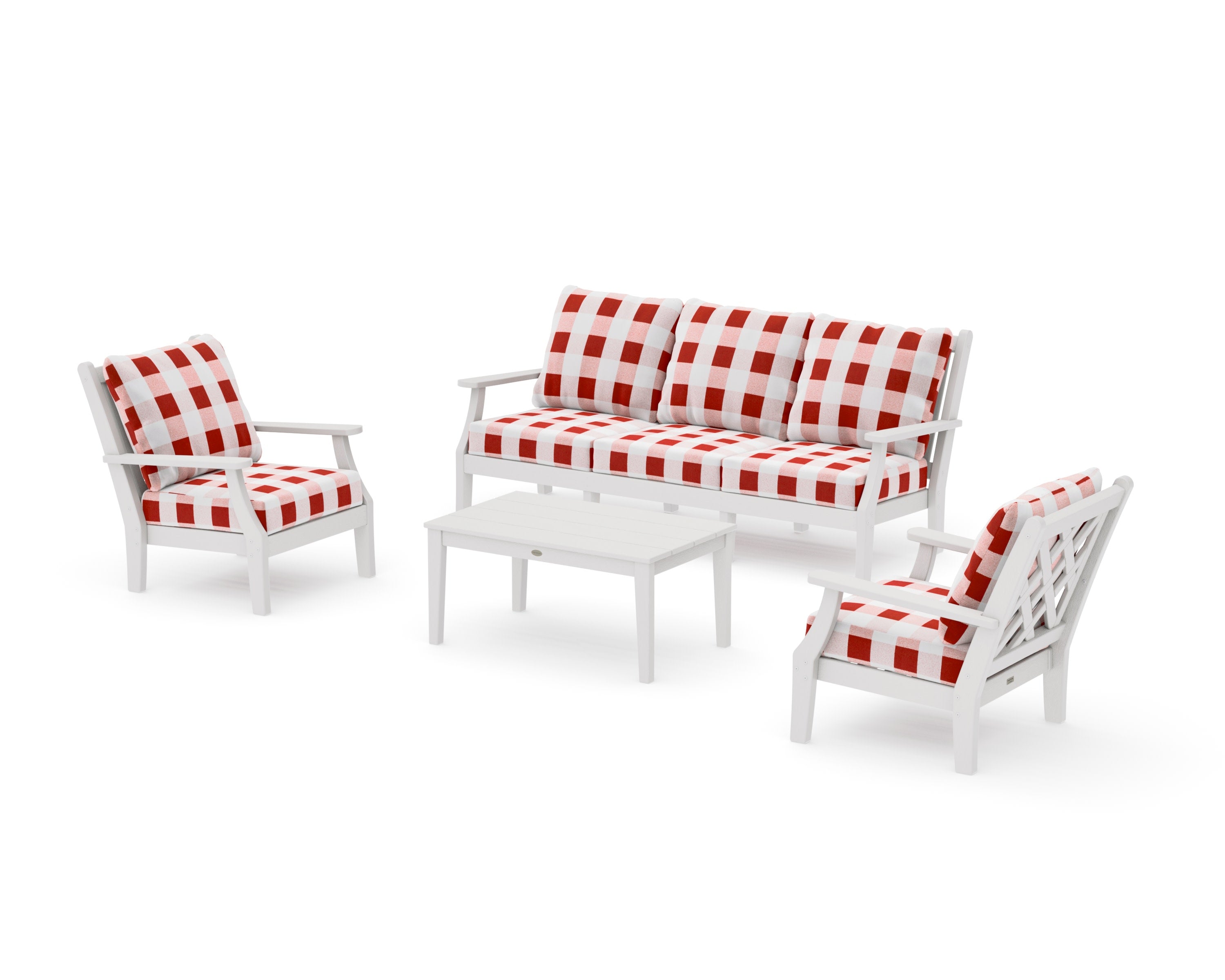 Wovendale 4-Piece Deep Seating Set with Sofa in Vintage White / Buffalo Plaid Crimson
