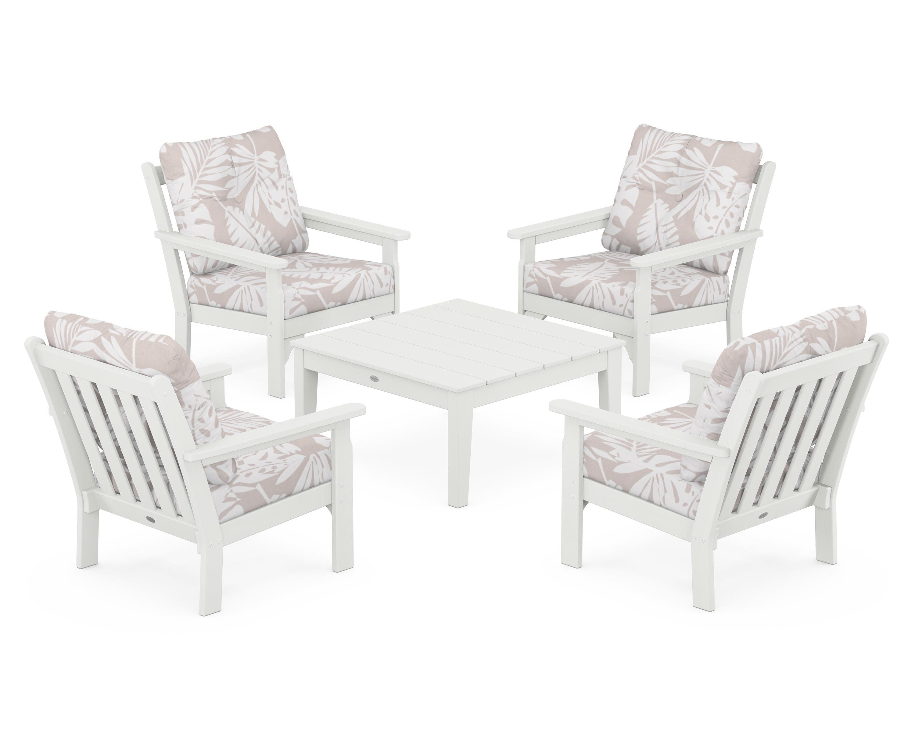 Vineyard 5-Piece Deep Seating Conversation Set in Vintage White / Leaf Dune Burlap