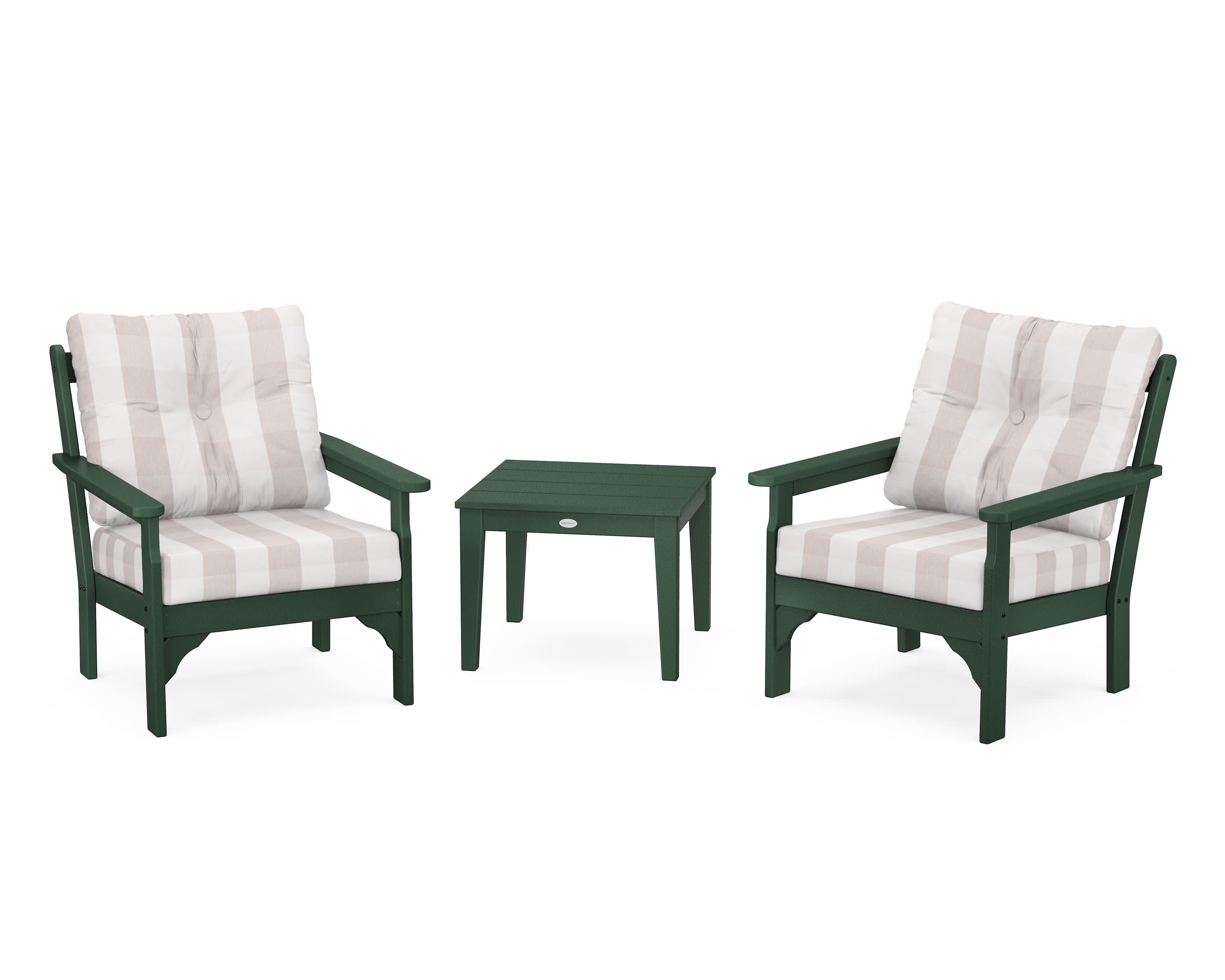 Vineyard 3-Piece Deep Seating Set in Green / Buffalo Plaid Dune Burlap