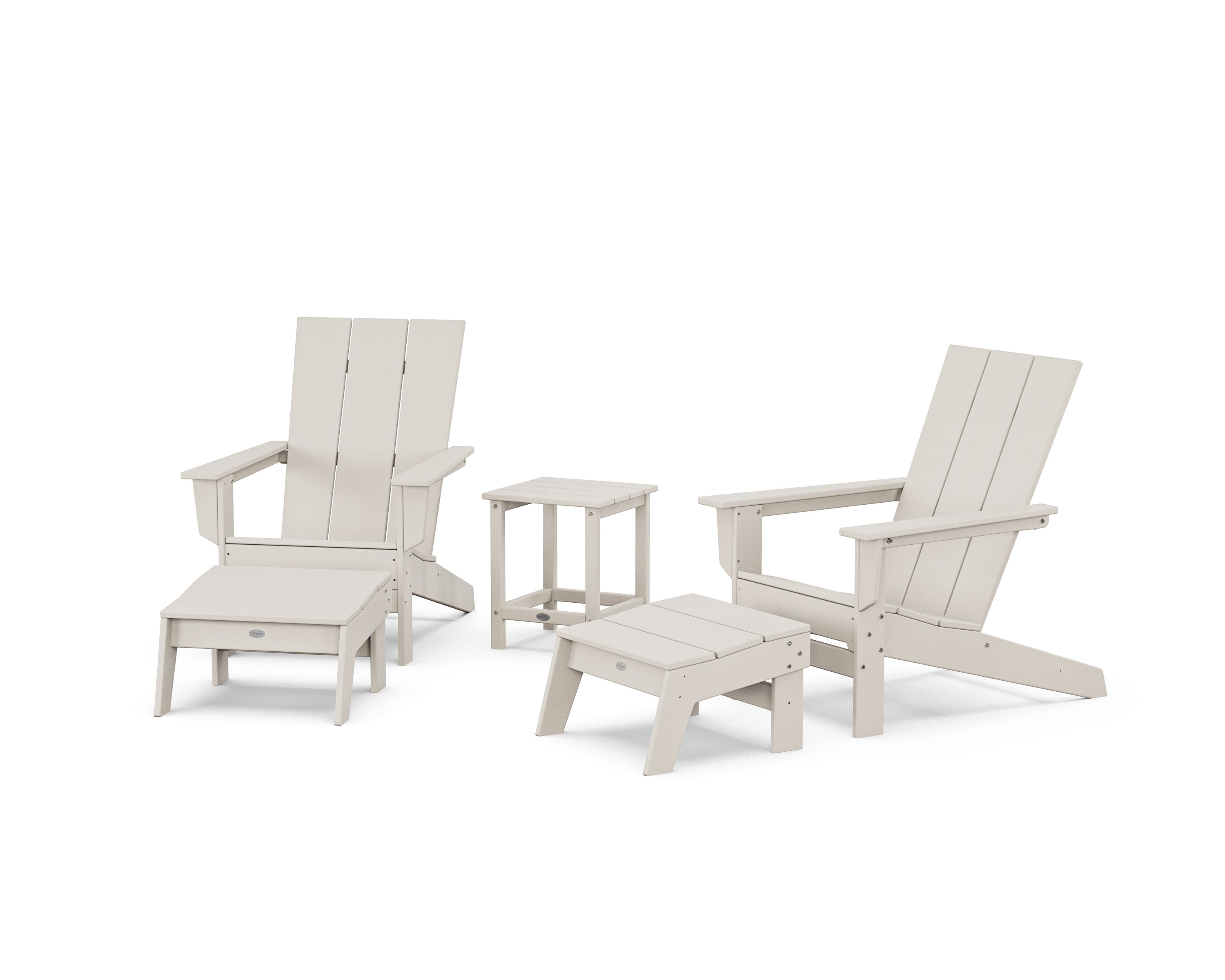 5-Piece Modern Studio Adirondack Set with Ottomans and Side Table in Sand