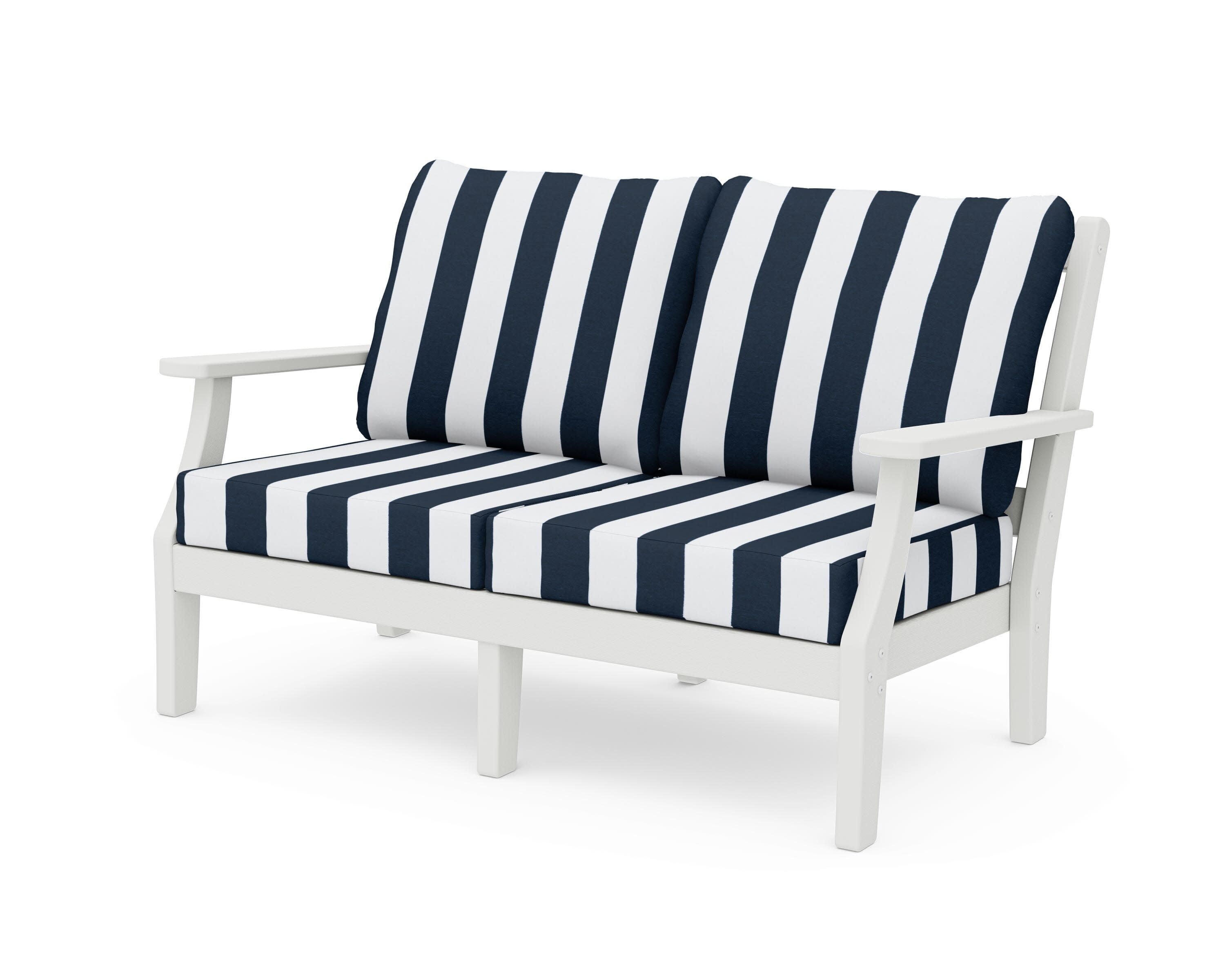 Chinoiserie Deep Seating Loveseat in Vintage White / Cabana Stripe Marine Indigo