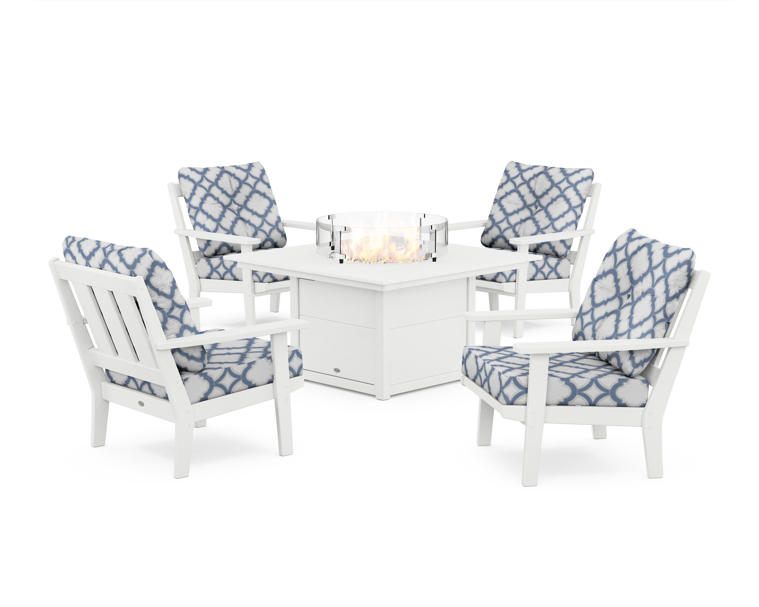Oxford 5-Piece Deep Seating Set with Fire Pit Table in White / Trellis Sky Blue