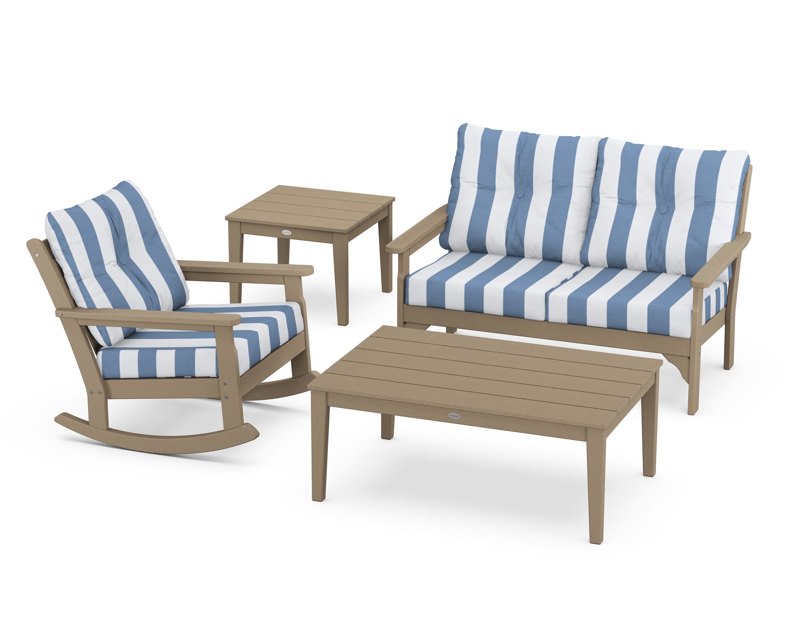 Vineyard 4-Piece Deep Seating Rocker Set in Vintage Sahara / Cabana Stripe Sky Blue
