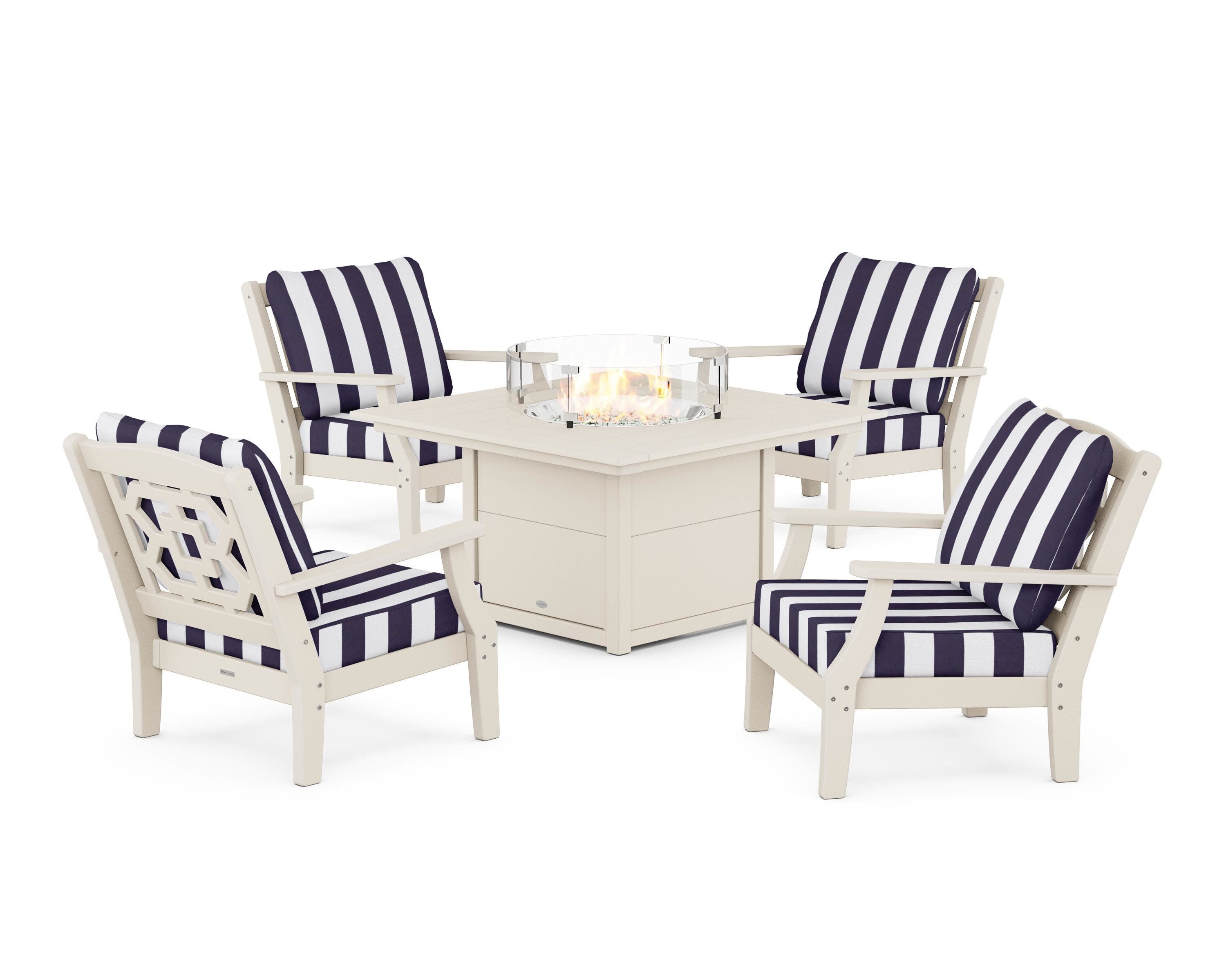Chinoiserie 5-Piece Deep Seating Set with Fire Pit Table in Sand / Cabana Stripe Navy