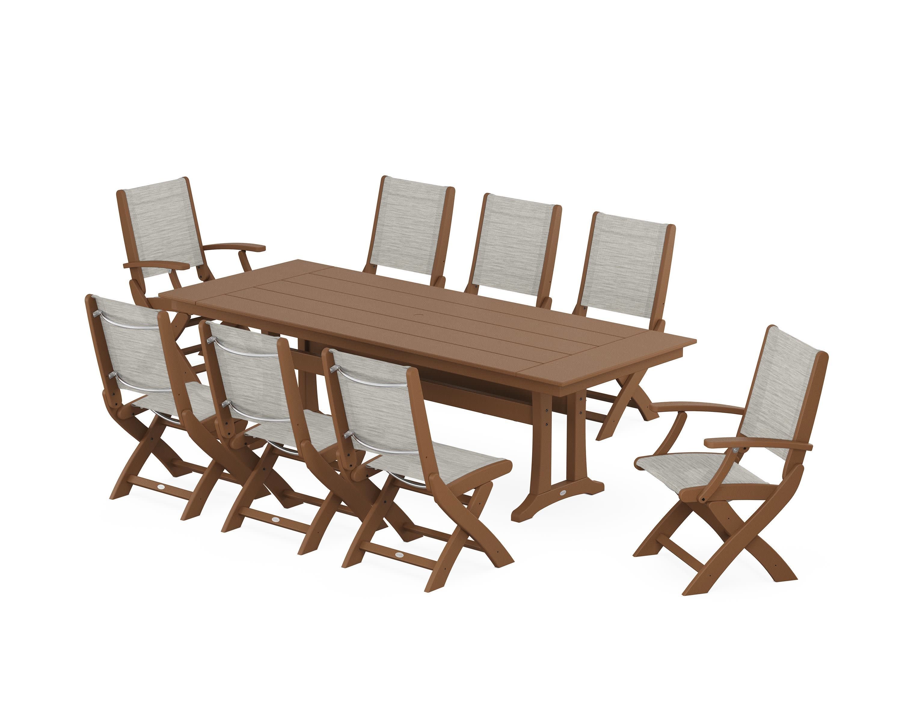 Coastal 9-Piece Folding Dining Chair Farmhouse Dining Set with Trestle Legs in Teak / Birch Sling
