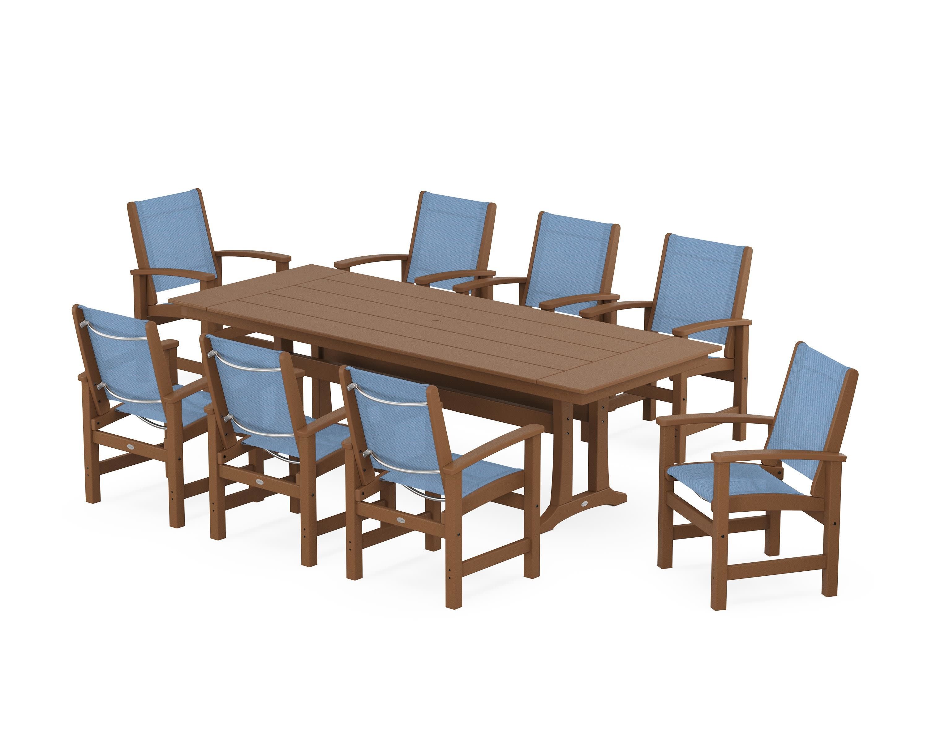 Coastal 9-Piece Farmhouse Dining Set with Trestle Legs in Teak / Poolside Sling