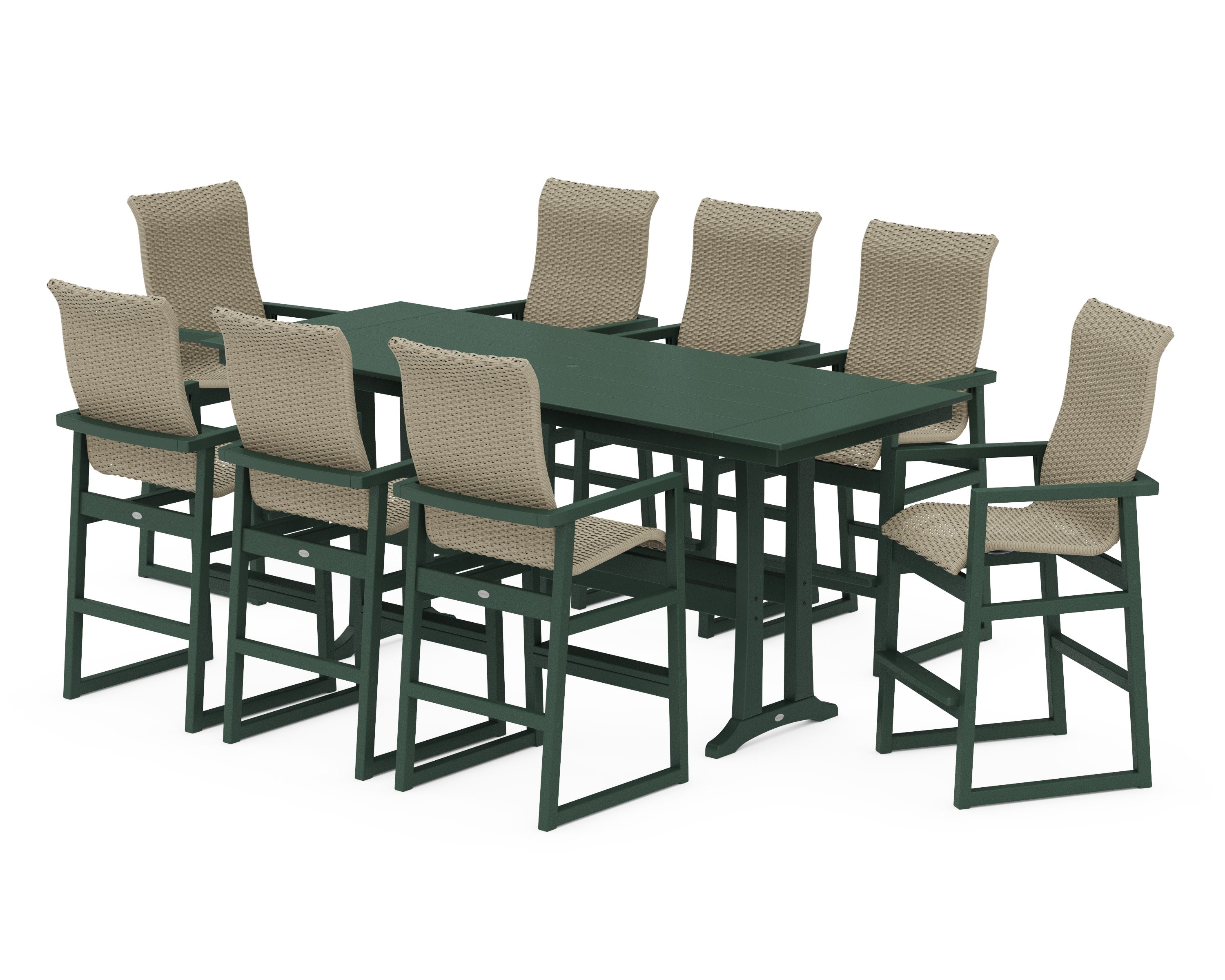 EDGE Woven Highback 9-Piece Farmhouse Bar Set with Trestle Legs in Green / Dune Grass