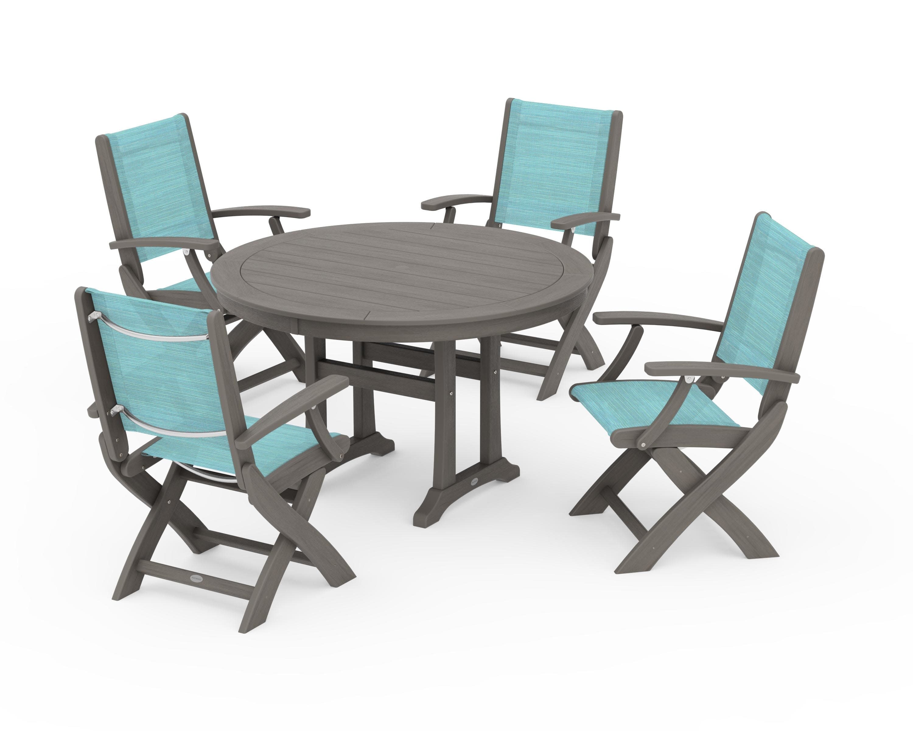 Coastal Folding Chair 5-Piece Round Dining Set with Trestle Legs in Driftwood / Dupioni Aquamarine Sling
