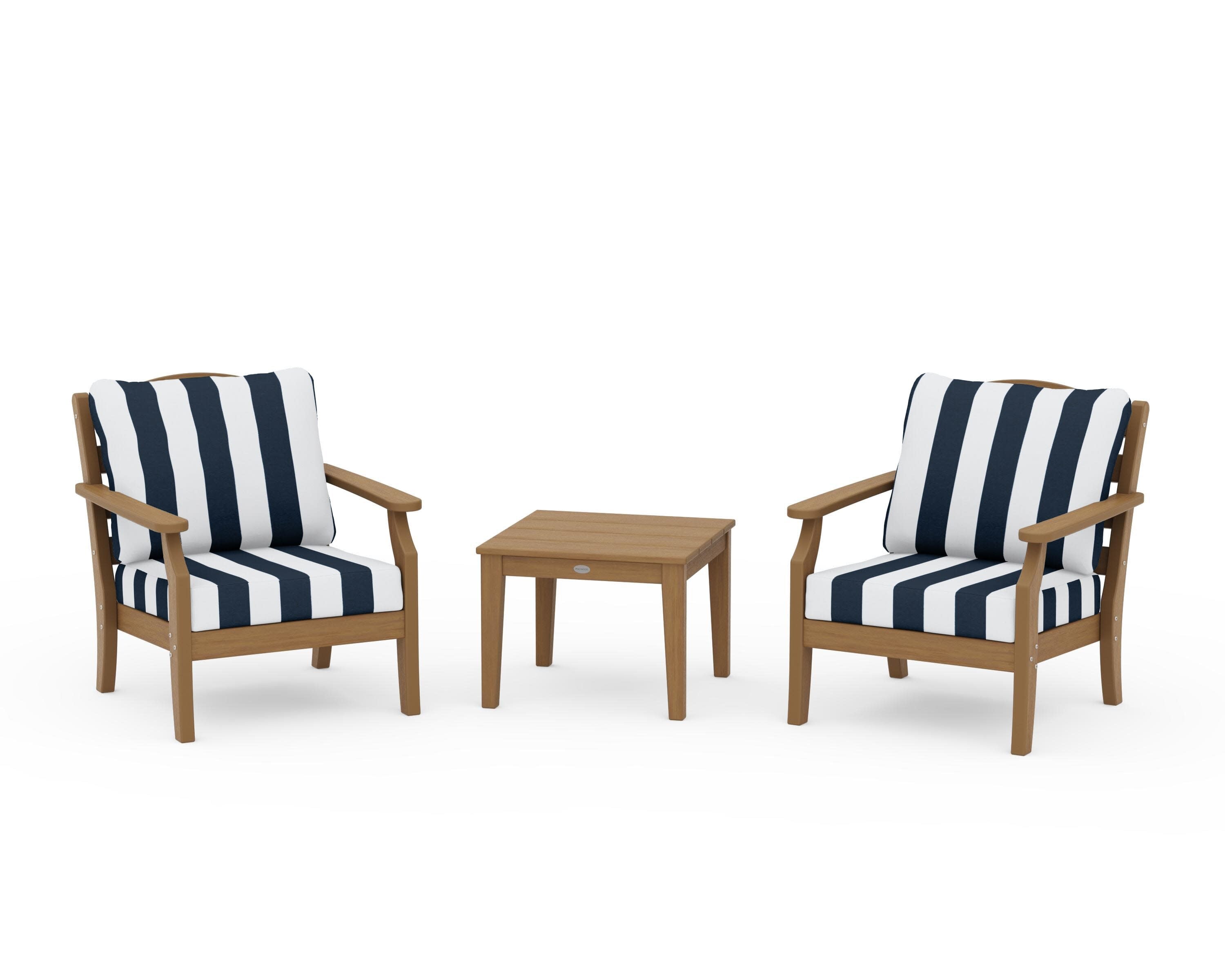 Savannah 3-Piece Deep Seating Set in Natural / Cabana Stripe Marine Indigo