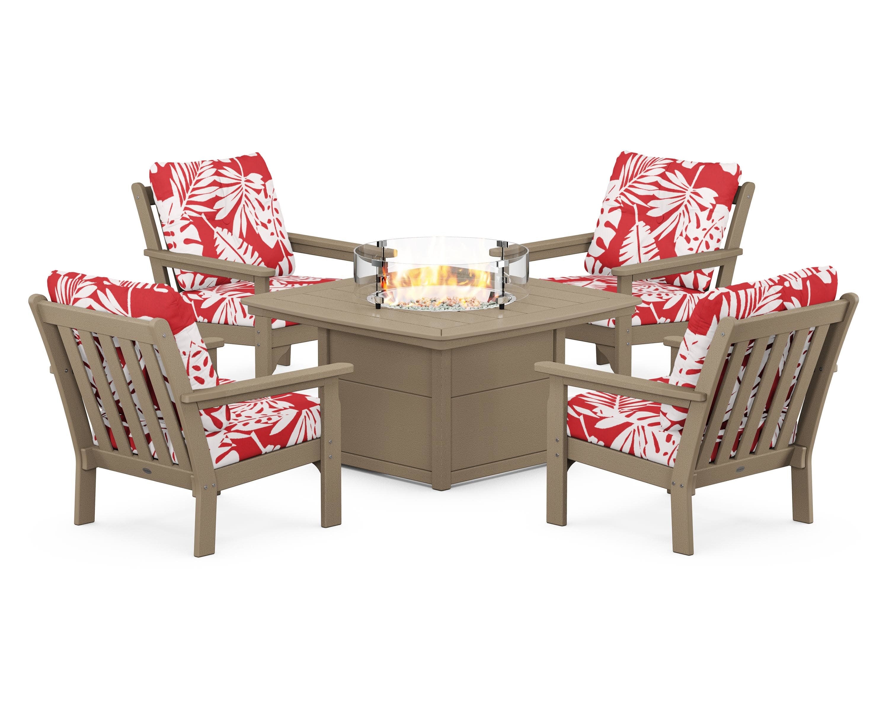 Vineyard 5-Piece Conversation Set with Fire Pit Table in Vintage Sahara / Leaf Crimson