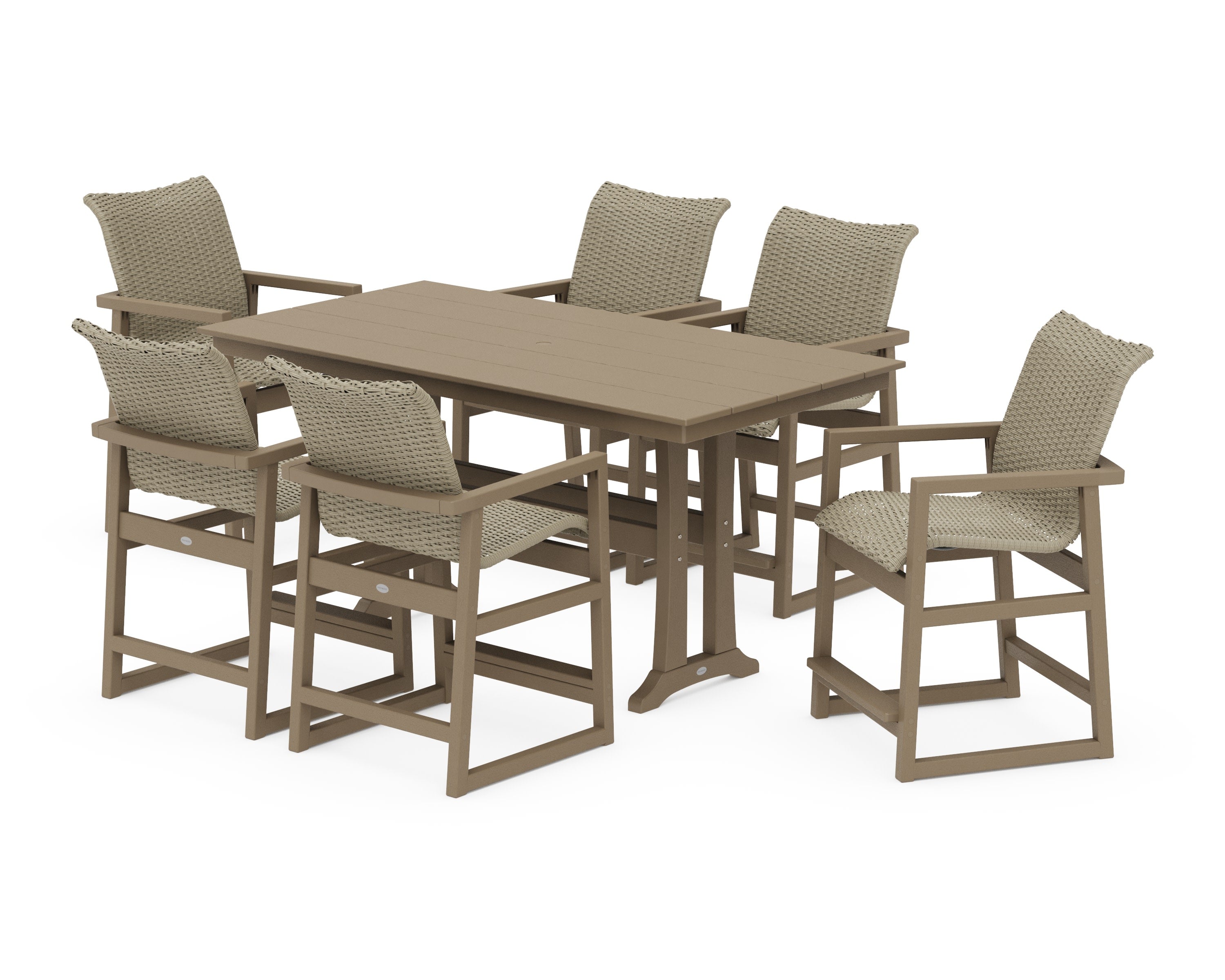 EDGE Woven Arm Chair 7-Piece Farmhouse Counter Set with Trestle Legs in Vintage Sahara / Dune Grass