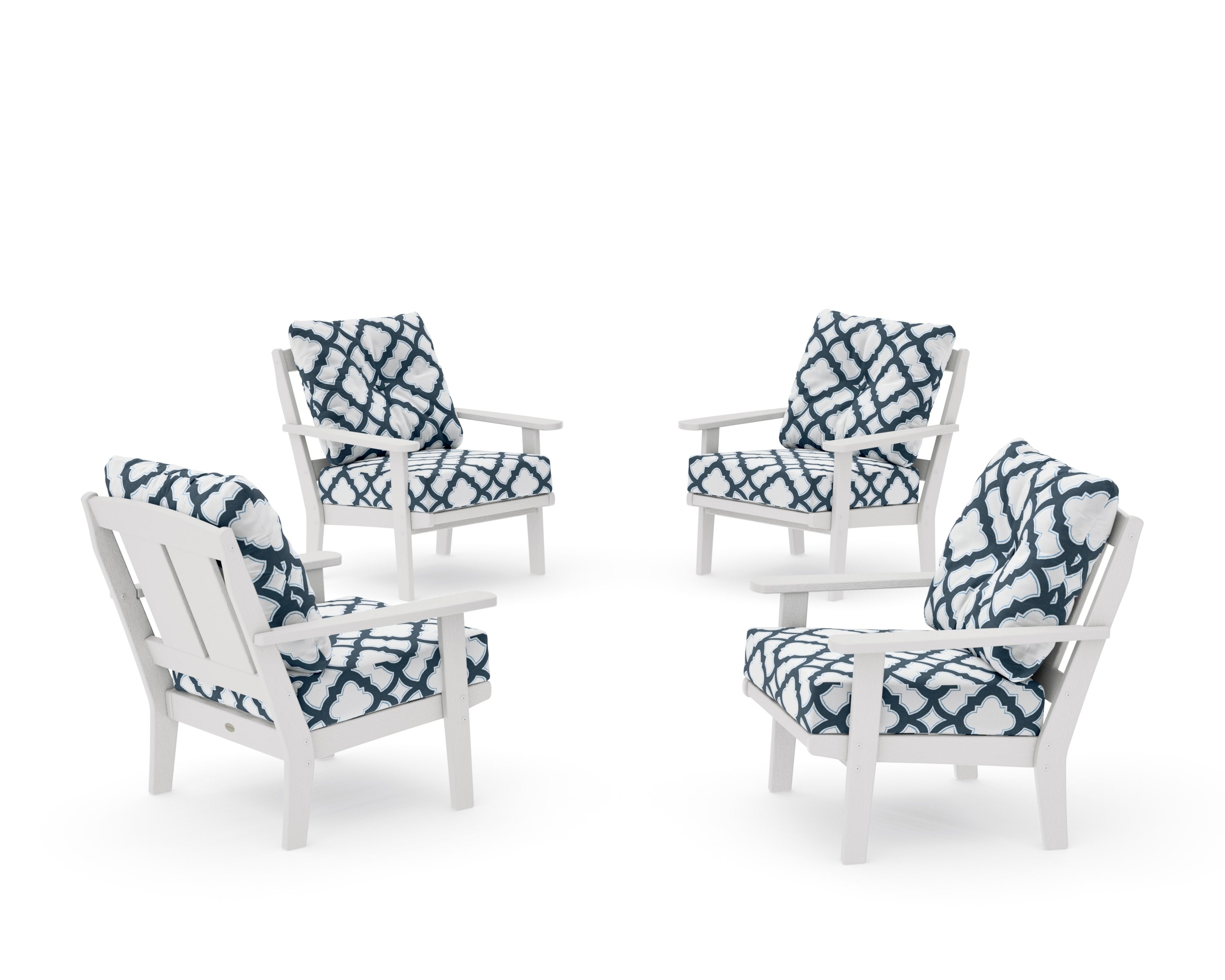 Mission 5-Piece Deep Seating Set with Fire Pit Table in Vintage White / Trellis Marine Indigo