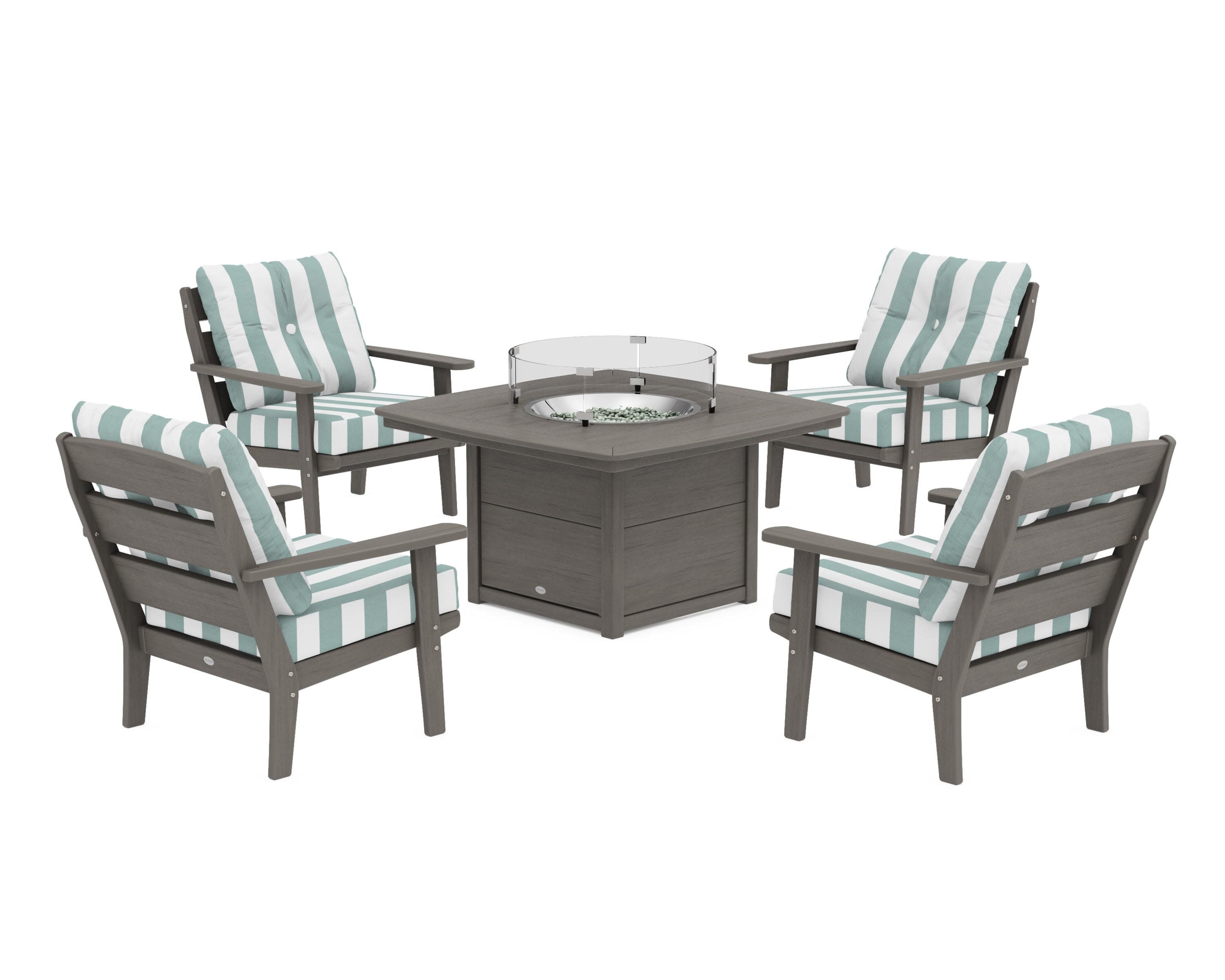 Lakeside 5-Piece Deep Seating Set with Nautical Fire Pit Table in Driftwood / Cabana Stripe Glacier Spa