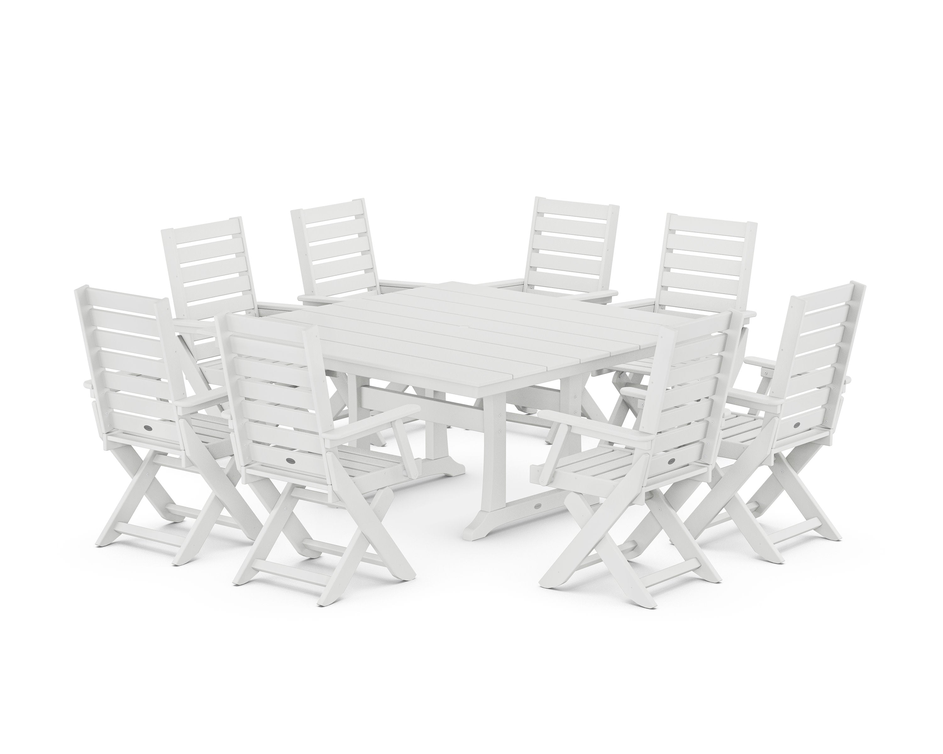 Captain Folding Chair 9-Piece Square Farmhouse Dining Set with Trestle Legs in White