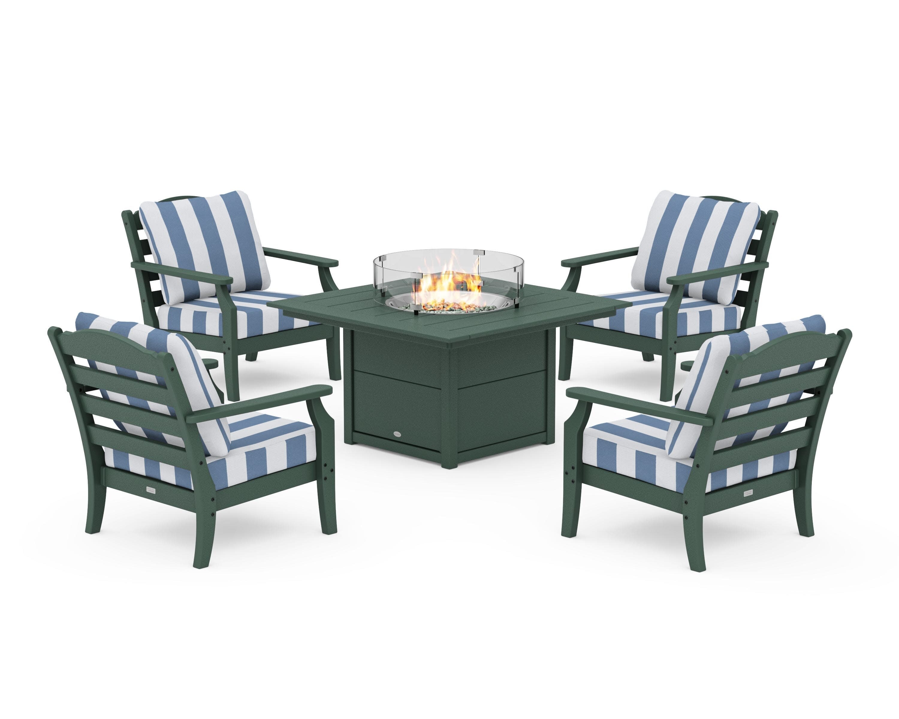 Savannah 5-Piece Deep Seating Set with Fire Pit Table in Green / Cabana Stripe Sky Blue