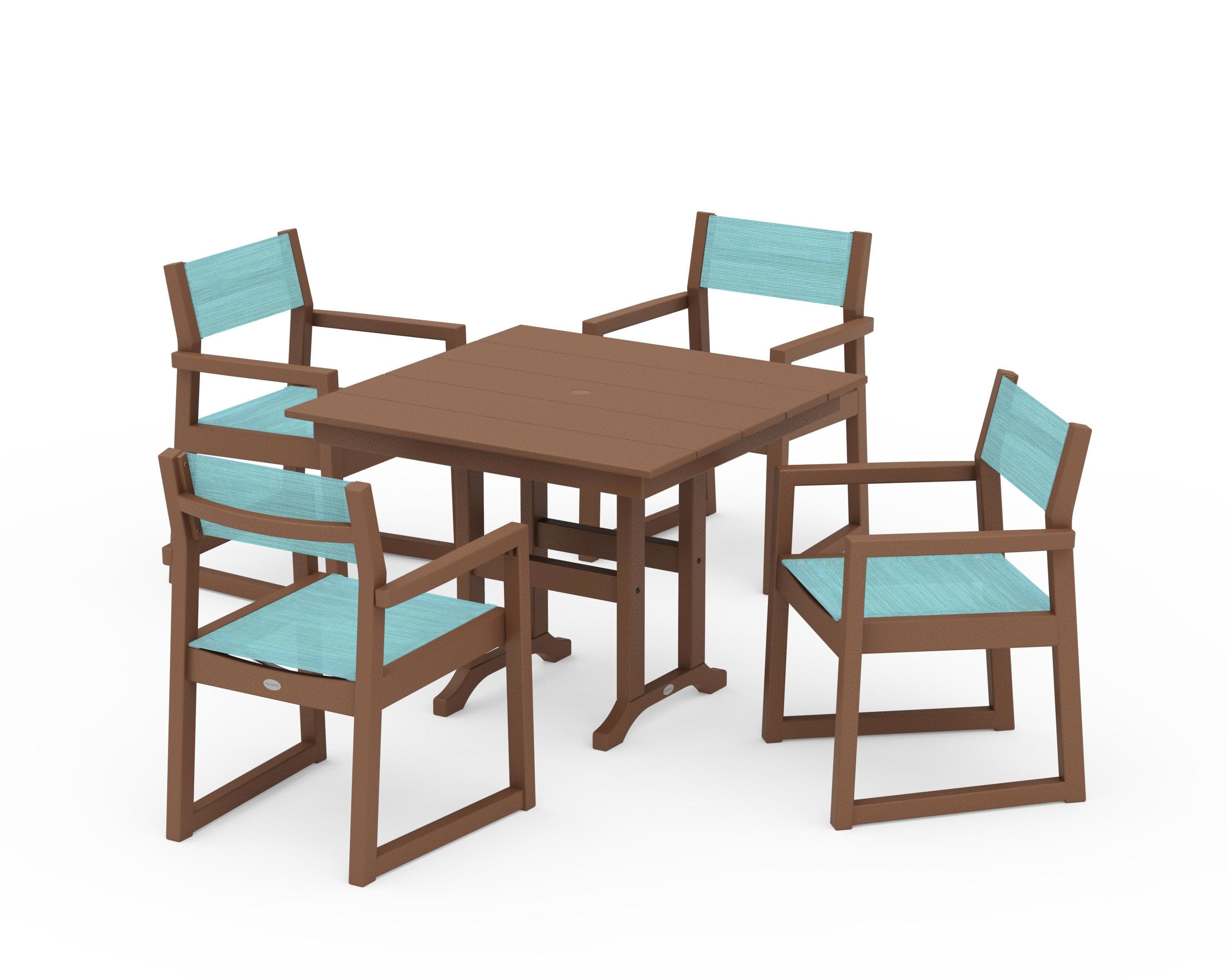 EDGE Sling Arm Chair 5-Piece Farmhouse Dining Set in Teak / Dupioni Aquamarine Sling