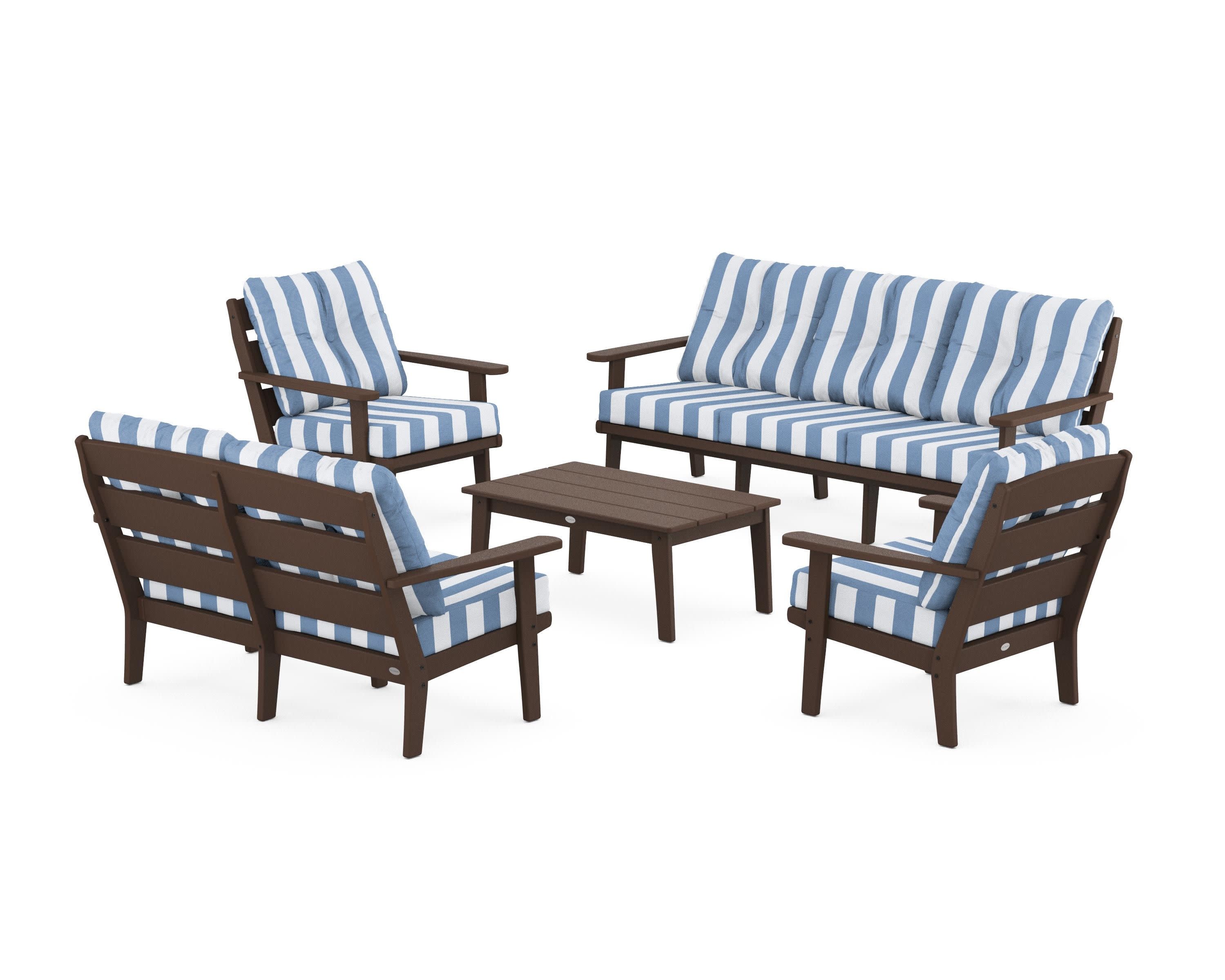 Lakeside 5-Piece Lounge Sofa Set in Mahogany / Cabana Stripe Sky Blue