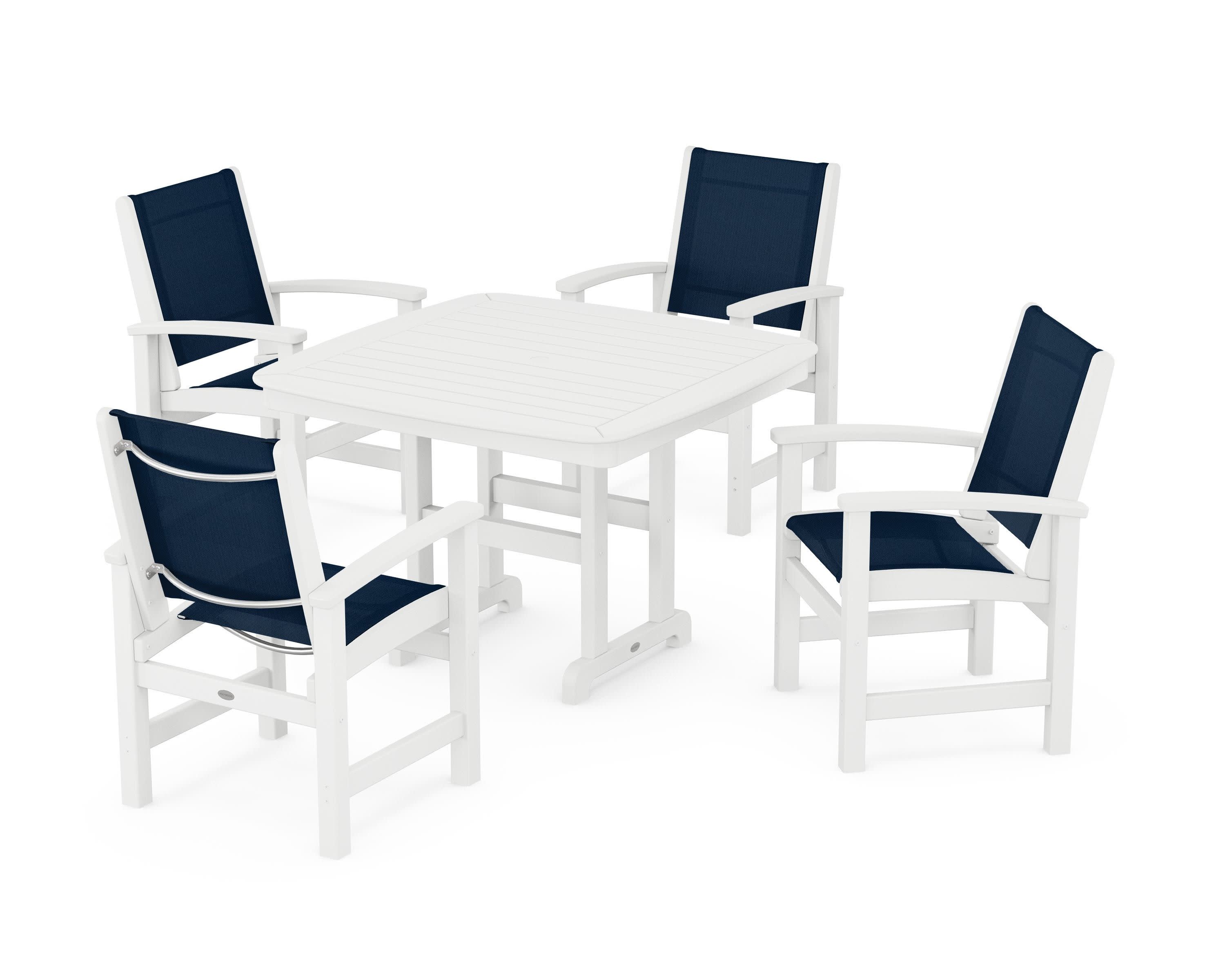 Coastal 5-Piece Dining Set in White / Navy Blue Sling