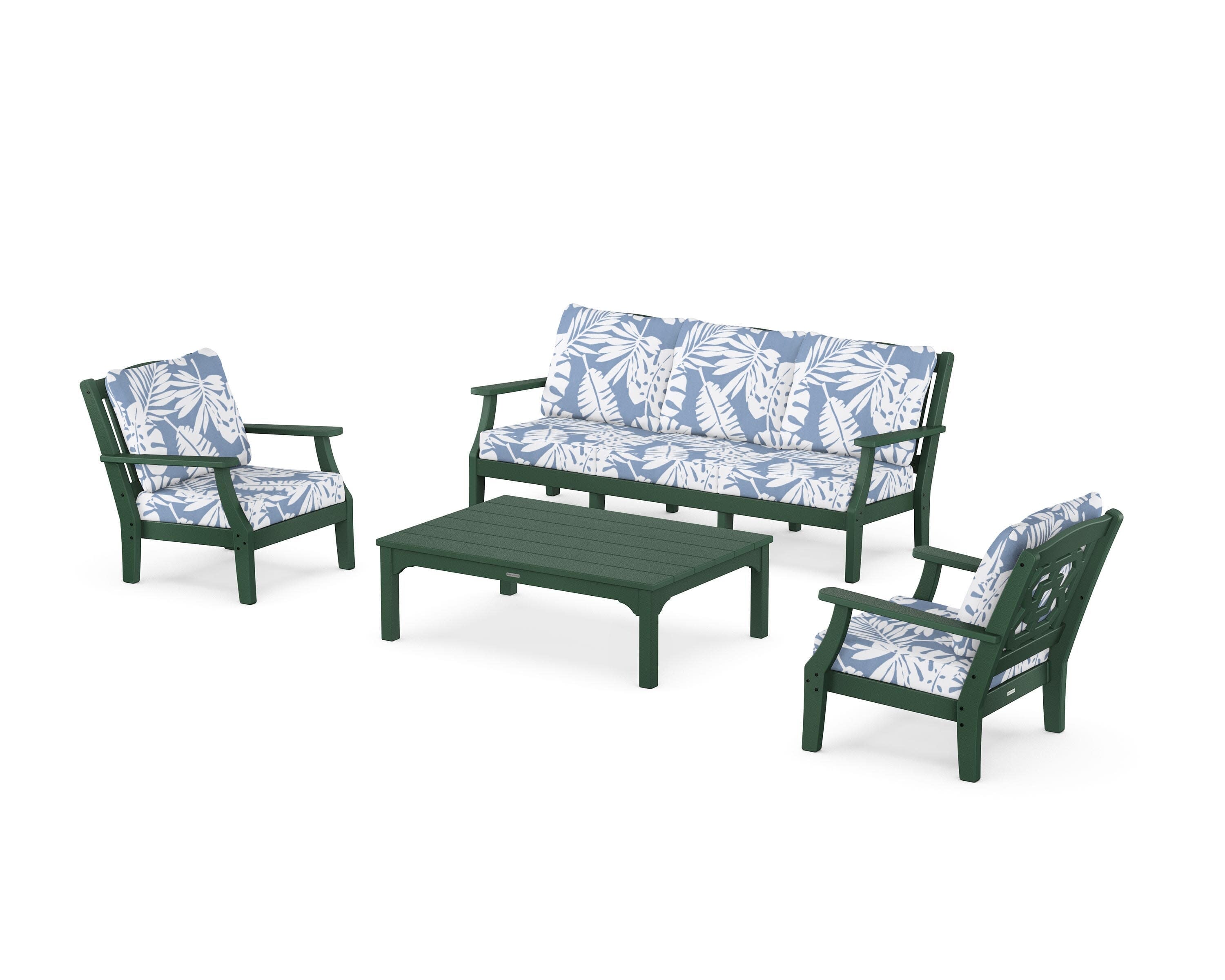 Chinoiserie 4-Piece Deep Seating Set with Sofa in Green / Leaf Sky Blue