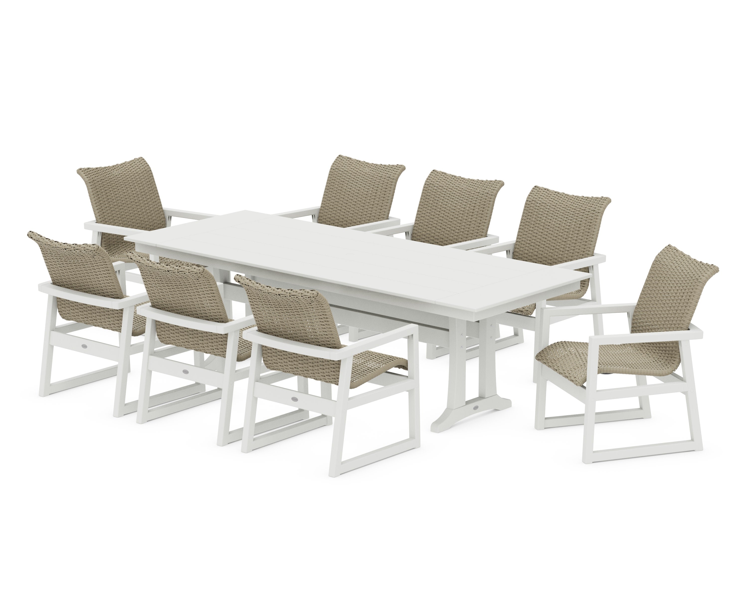 EDGE Woven 9-Piece Farmhouse Dining Set with Trestle Legs in Vintage White / Dune Grass