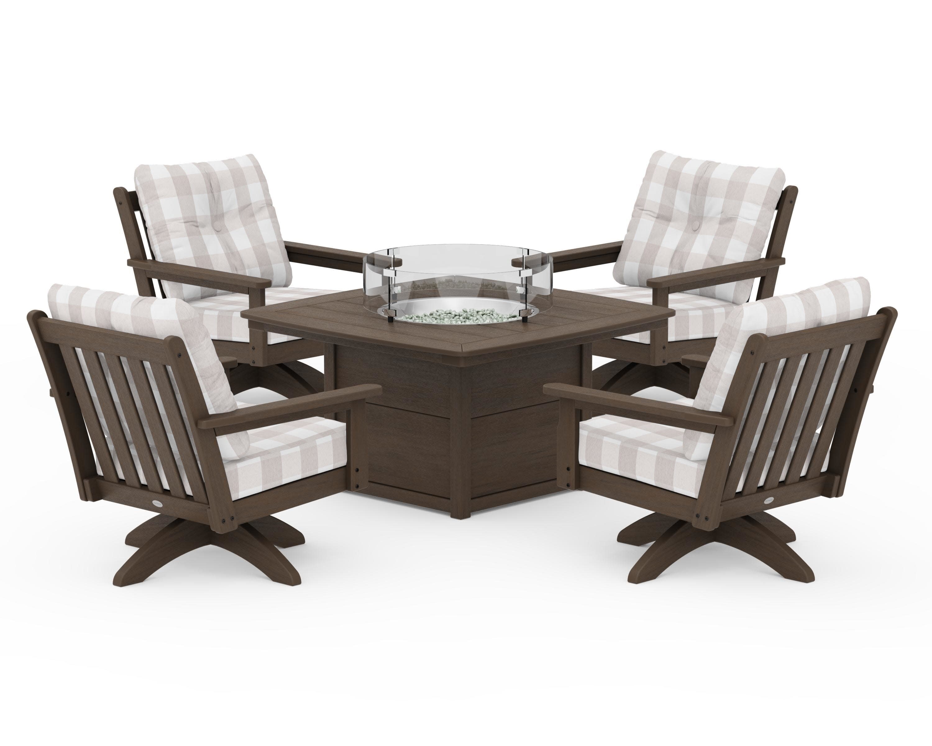 Vineyard 5-Piece Deep Seating Swivel Conversation Set with Fire Pit Table in Kona / Buffalo Plaid Dune Burlap