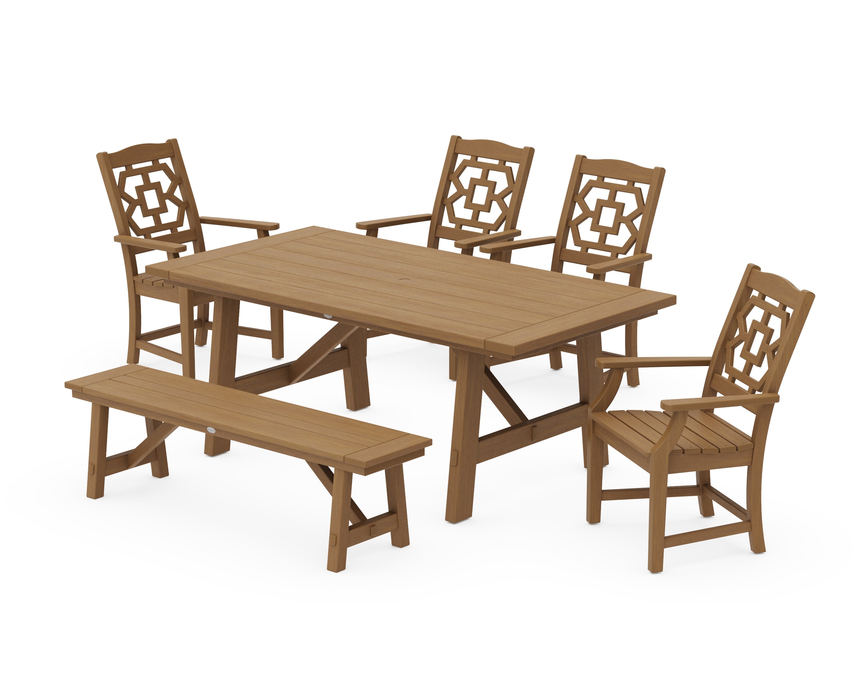Chinoiserie 6-Piece Rustic Farmhouse Dining Set with Bench in Natural
